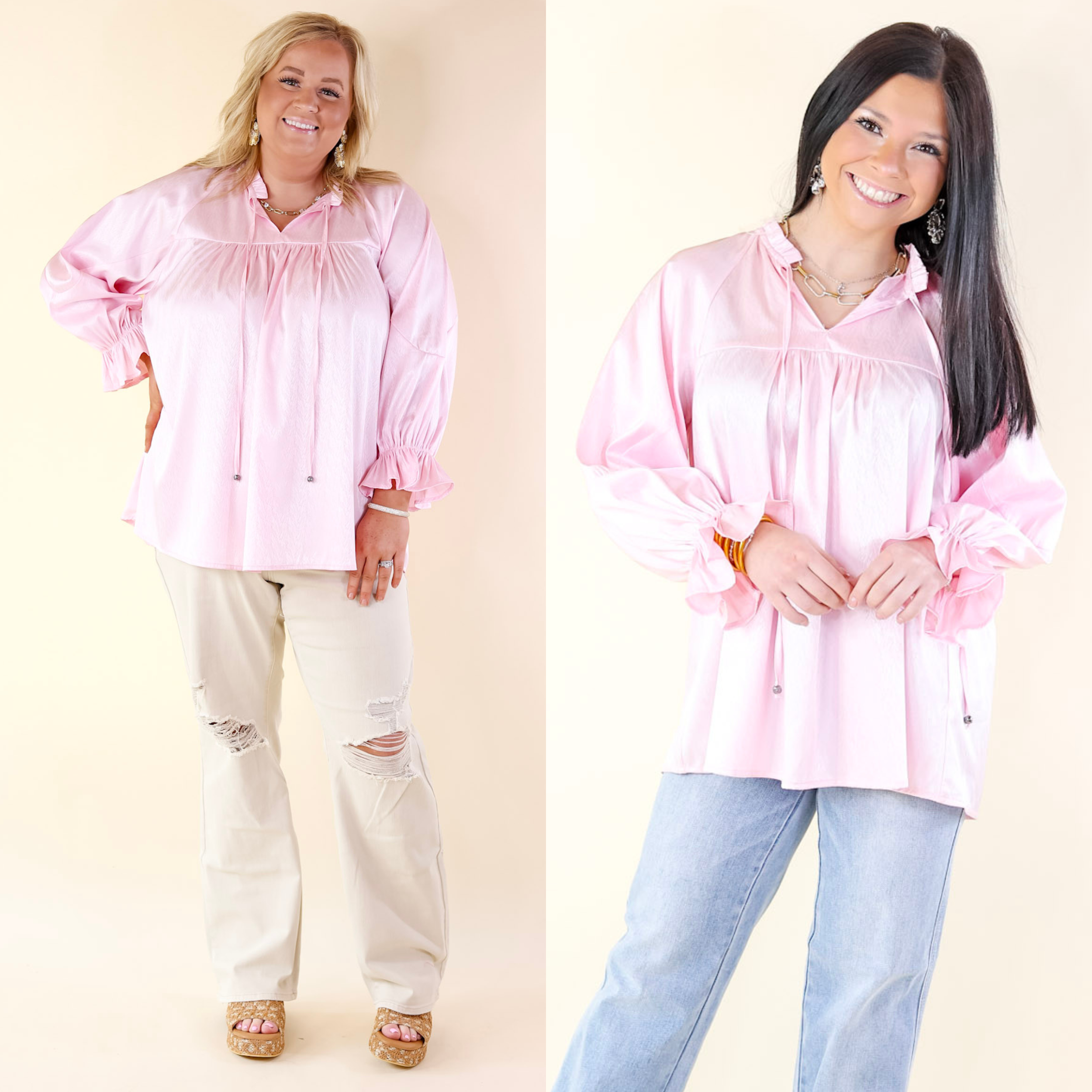Sunset Situation Front Tie Keyhole Blouse in Light Pink - Giddy Up Glamour Boutique