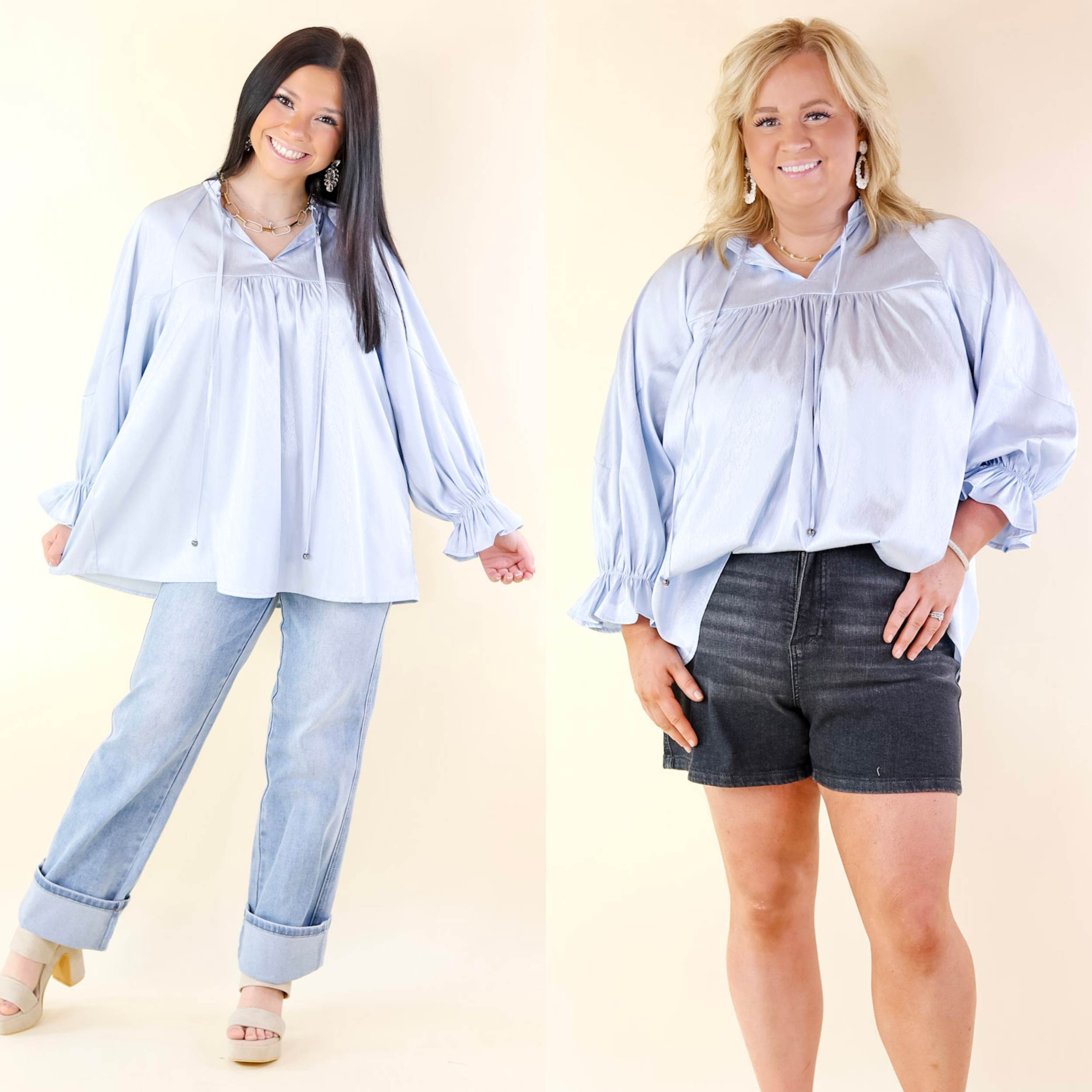Sunset Situation Front Tie Keyhole Blouse in Light Blue - Giddy Up Glamour Boutique