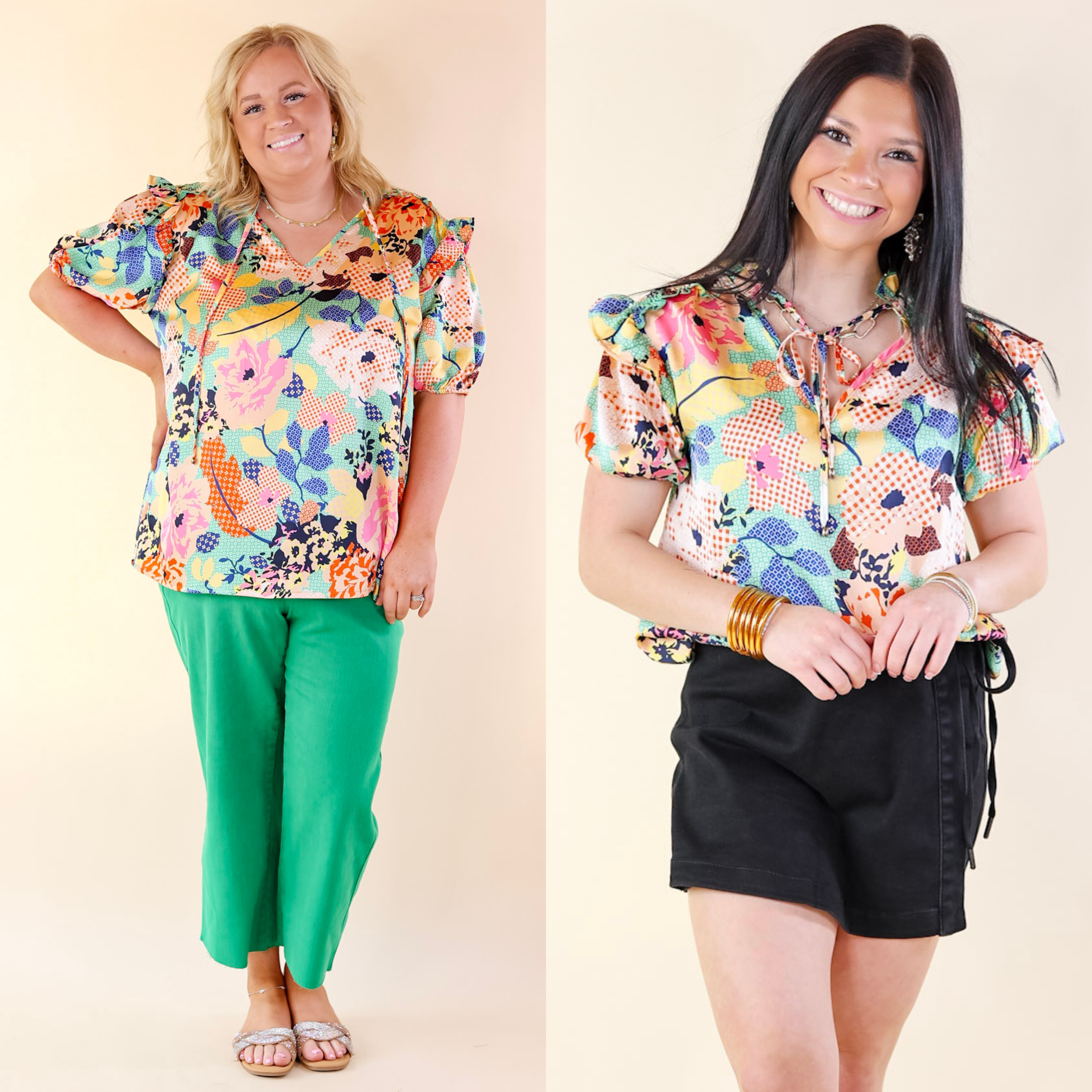 Malibu Villa Floral Print Top with Keyhole and Tie Neckline in Green Mix