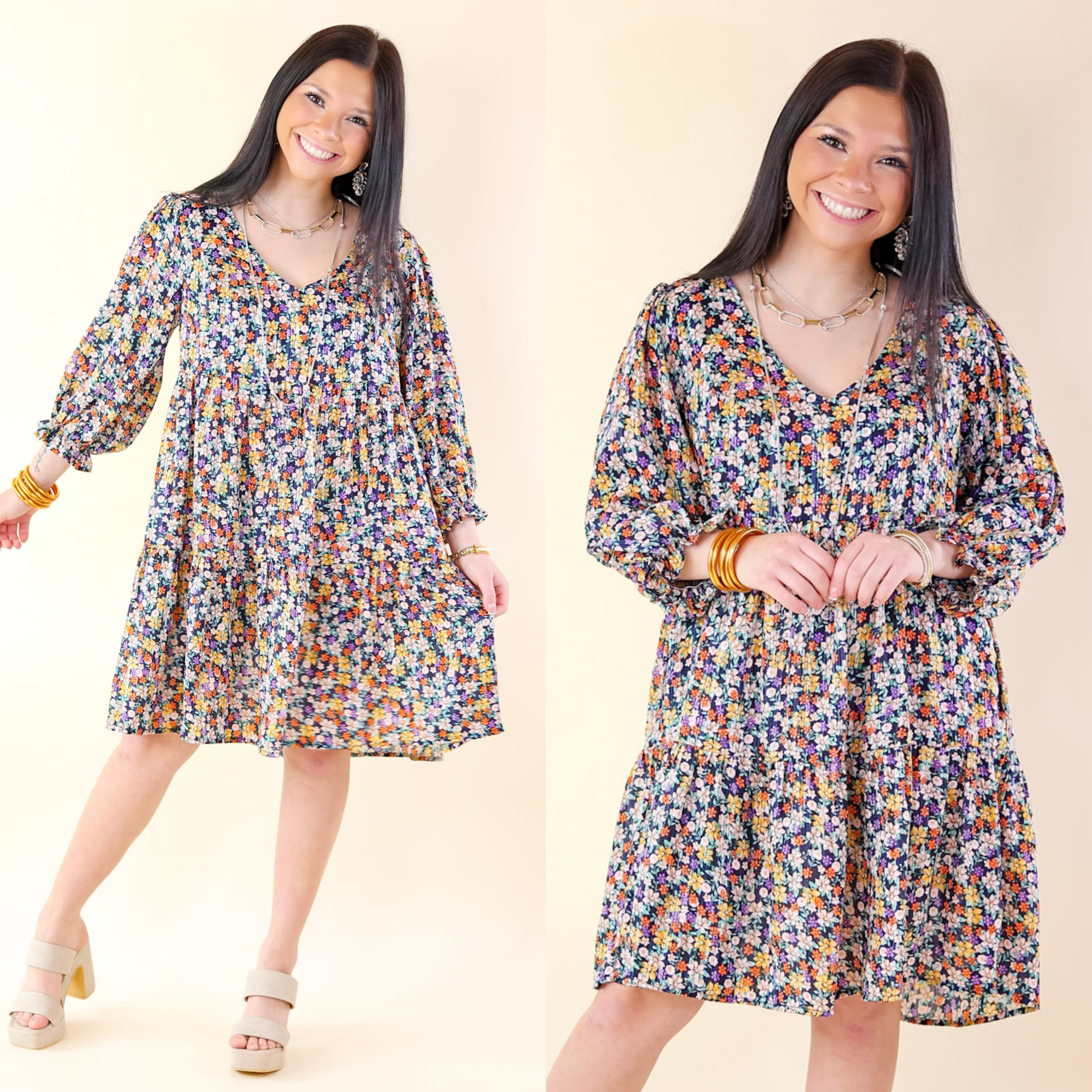 Pretty Personality Tiered Floral Dress in Navy Blue - Giddy Up Glamour Boutique