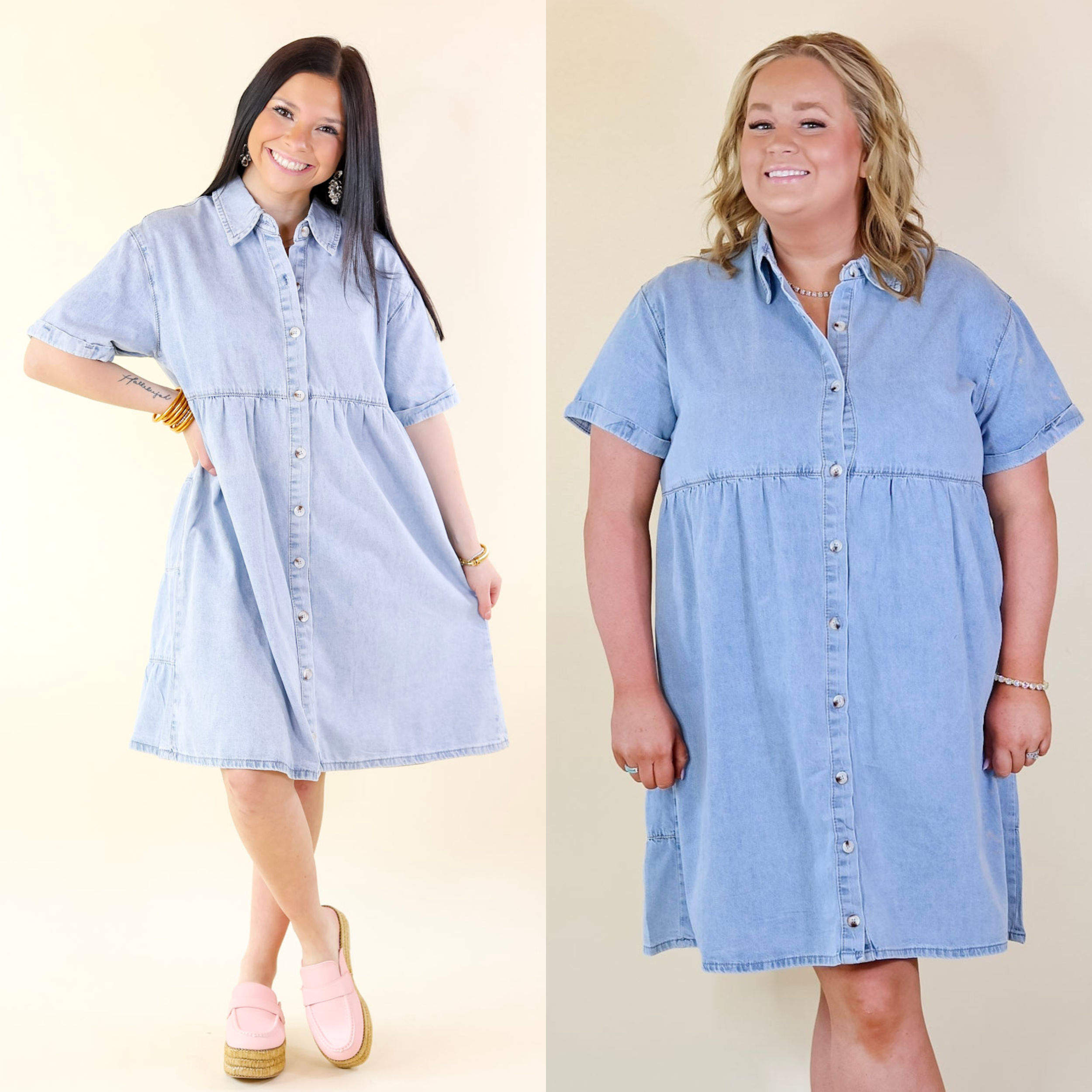 Nice to Meet You Button Up Collared Denim Dress in Light Wash