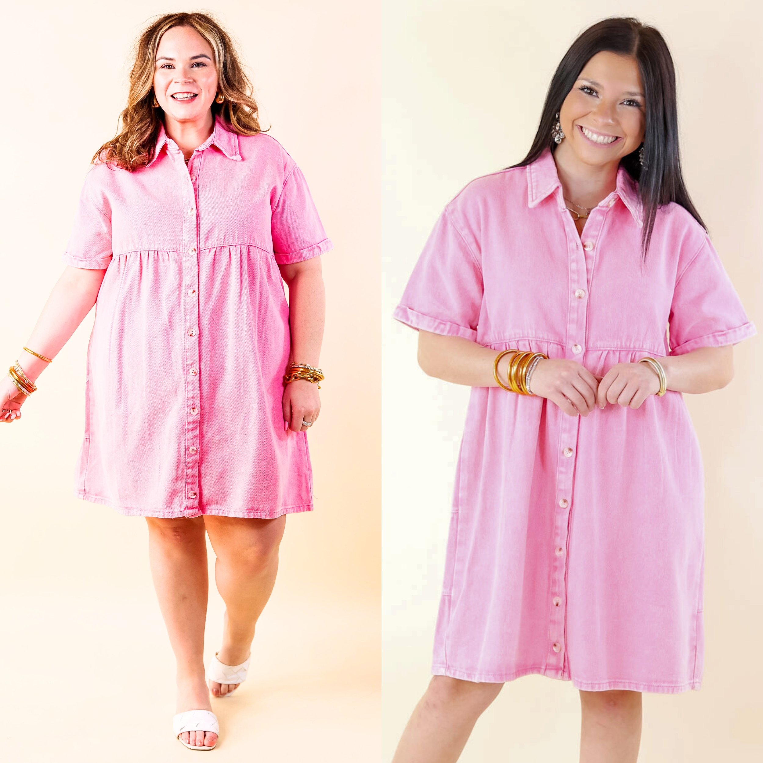 Nice to Meet You Button Up Collared Denim Dress in Pink - Giddy Up Glamour Boutique