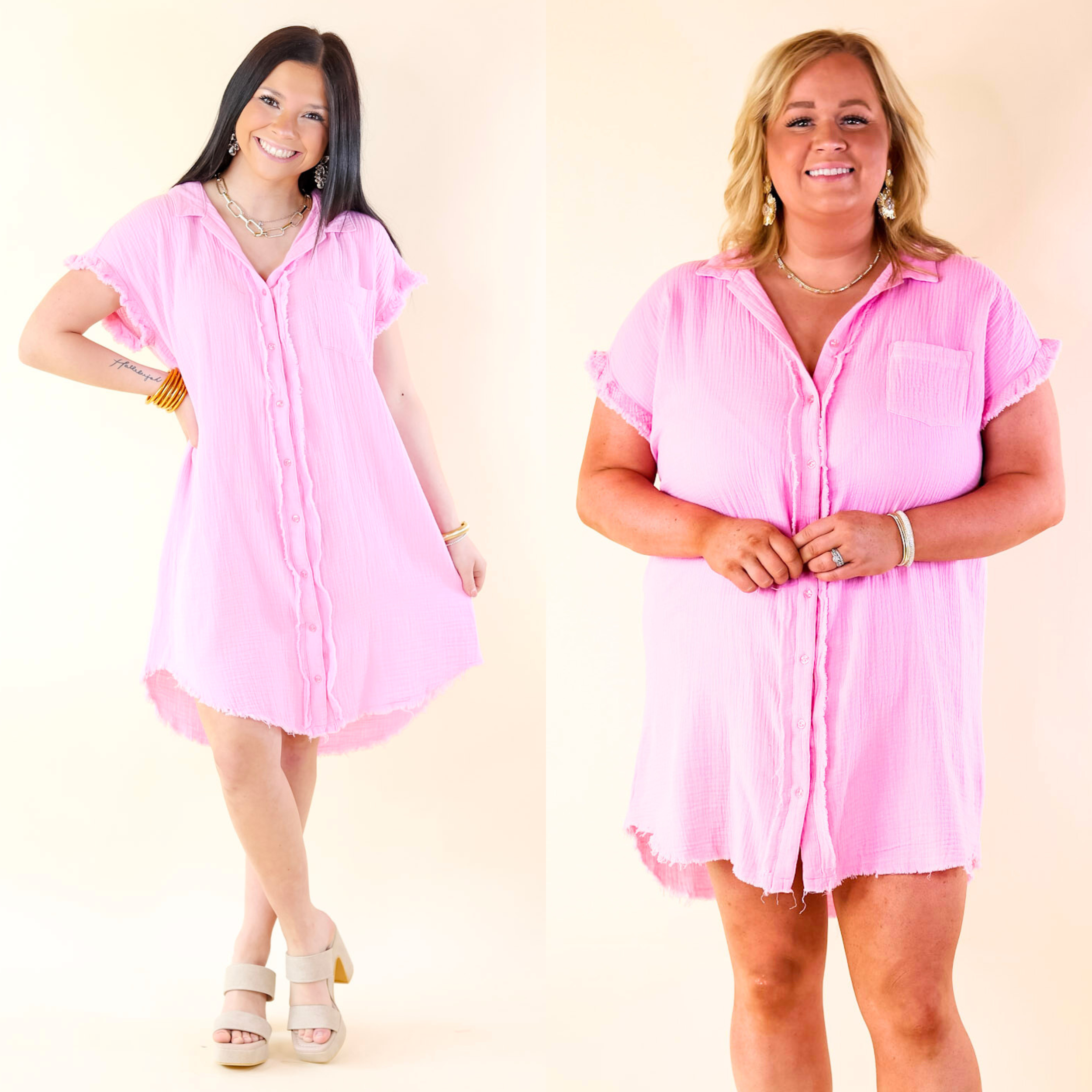Spring Glow Button Up Raw Hem Dress in Pink - Giddy Up Glamour Boutique