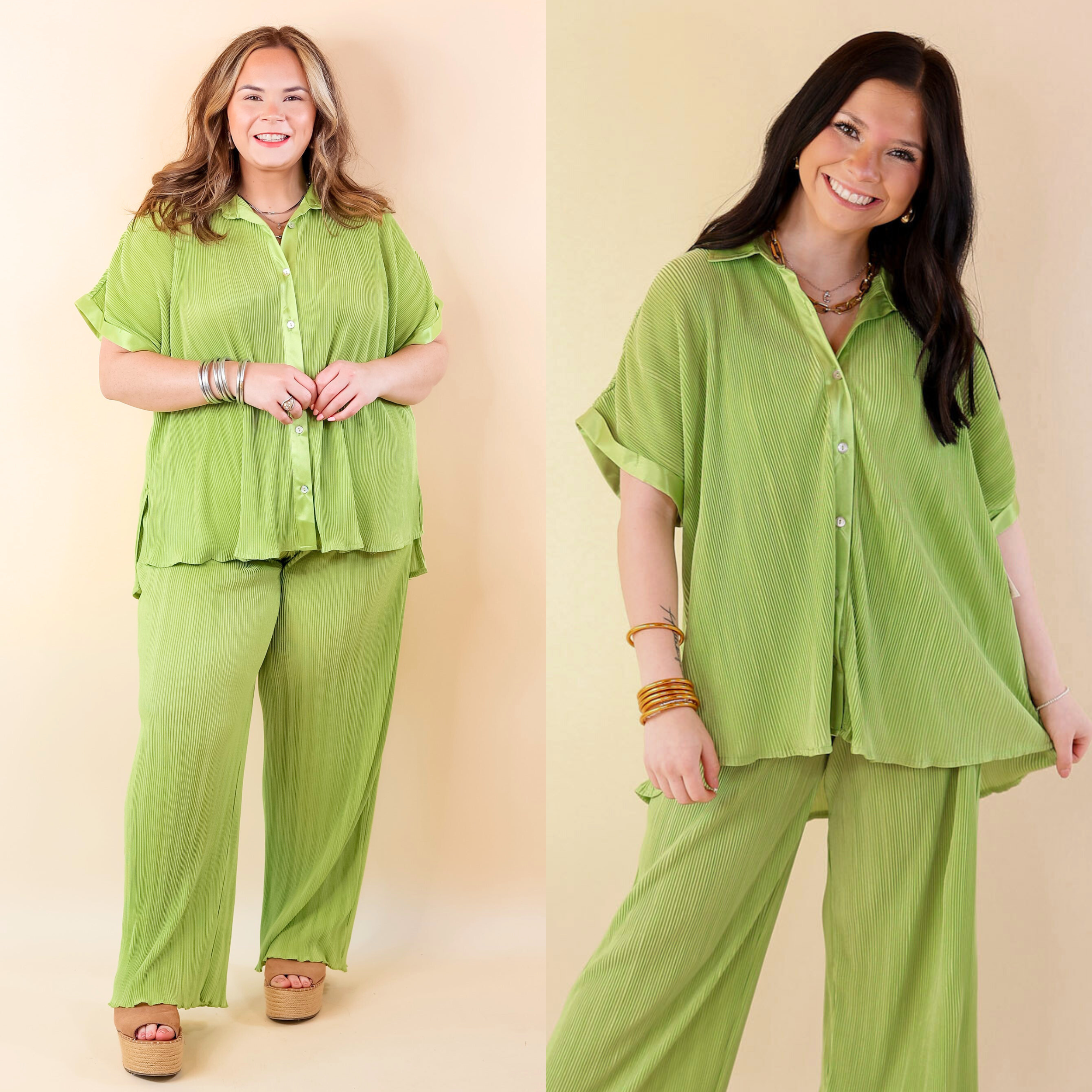 Walking In Paradise Plissé Button Up Top in Green