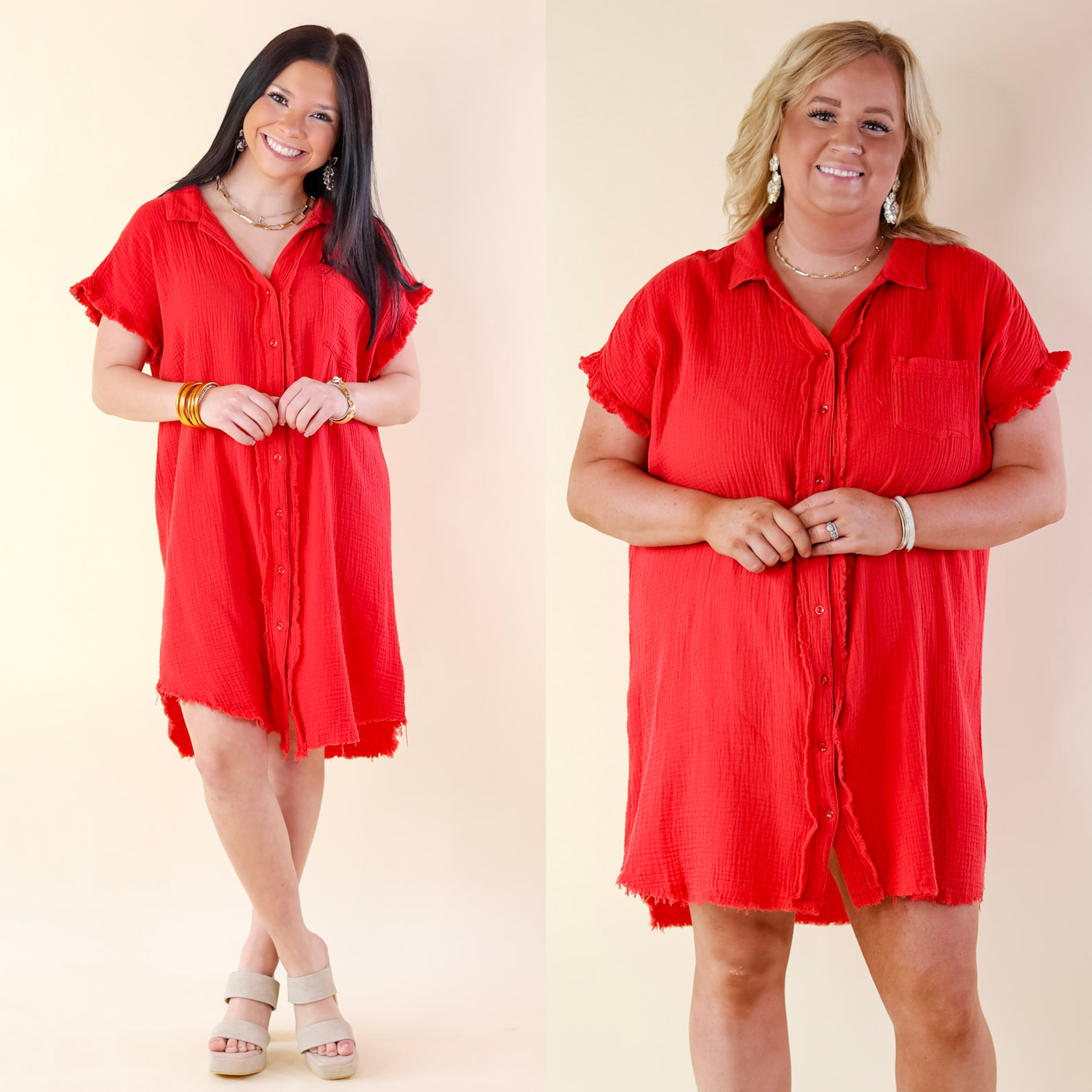 Spring Glow Button Up Raw Hem Dress in Red