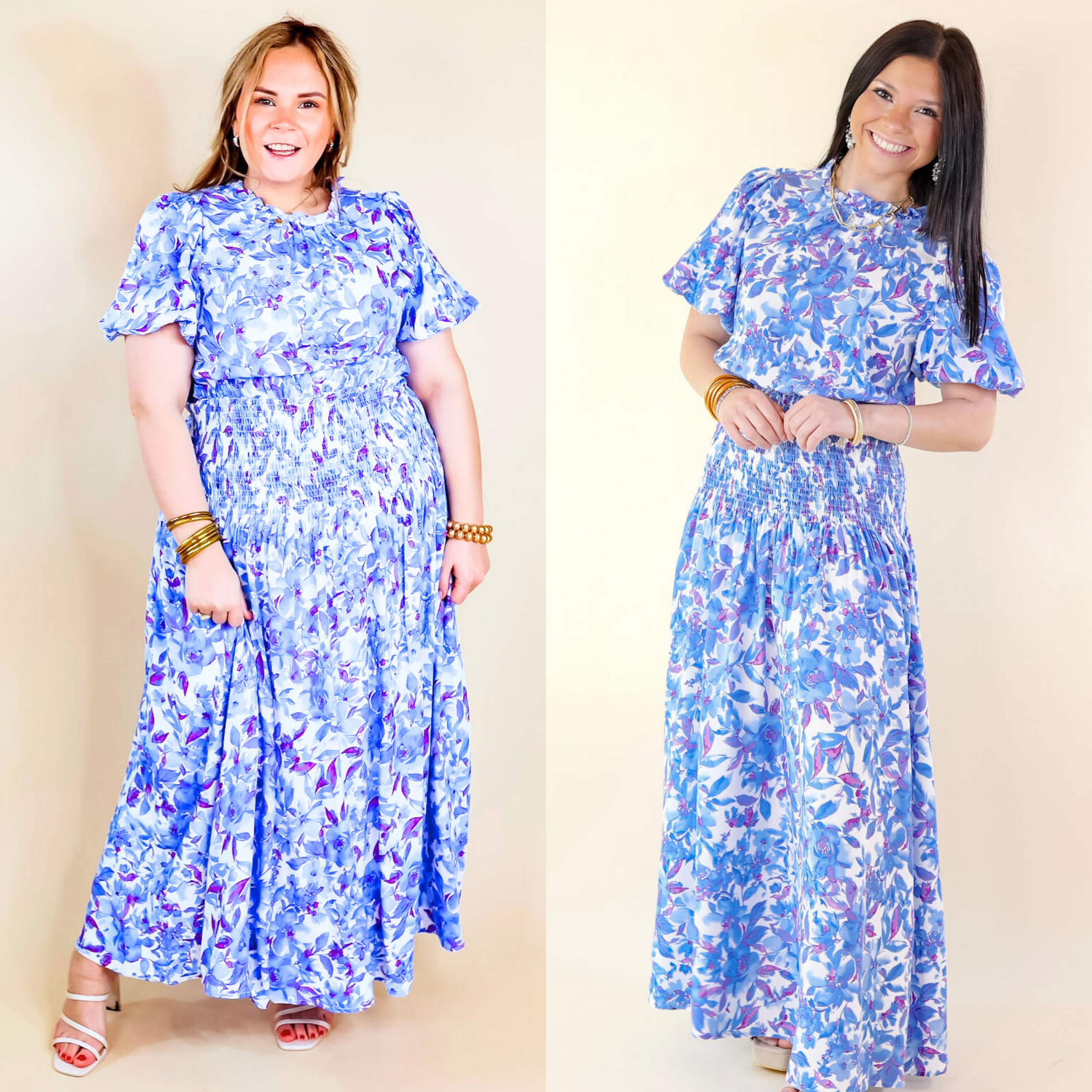 Moonlit Bay Floral High Neck Maxi dress with Smocked Waistline in Blue - Giddy Up Glamour Boutique