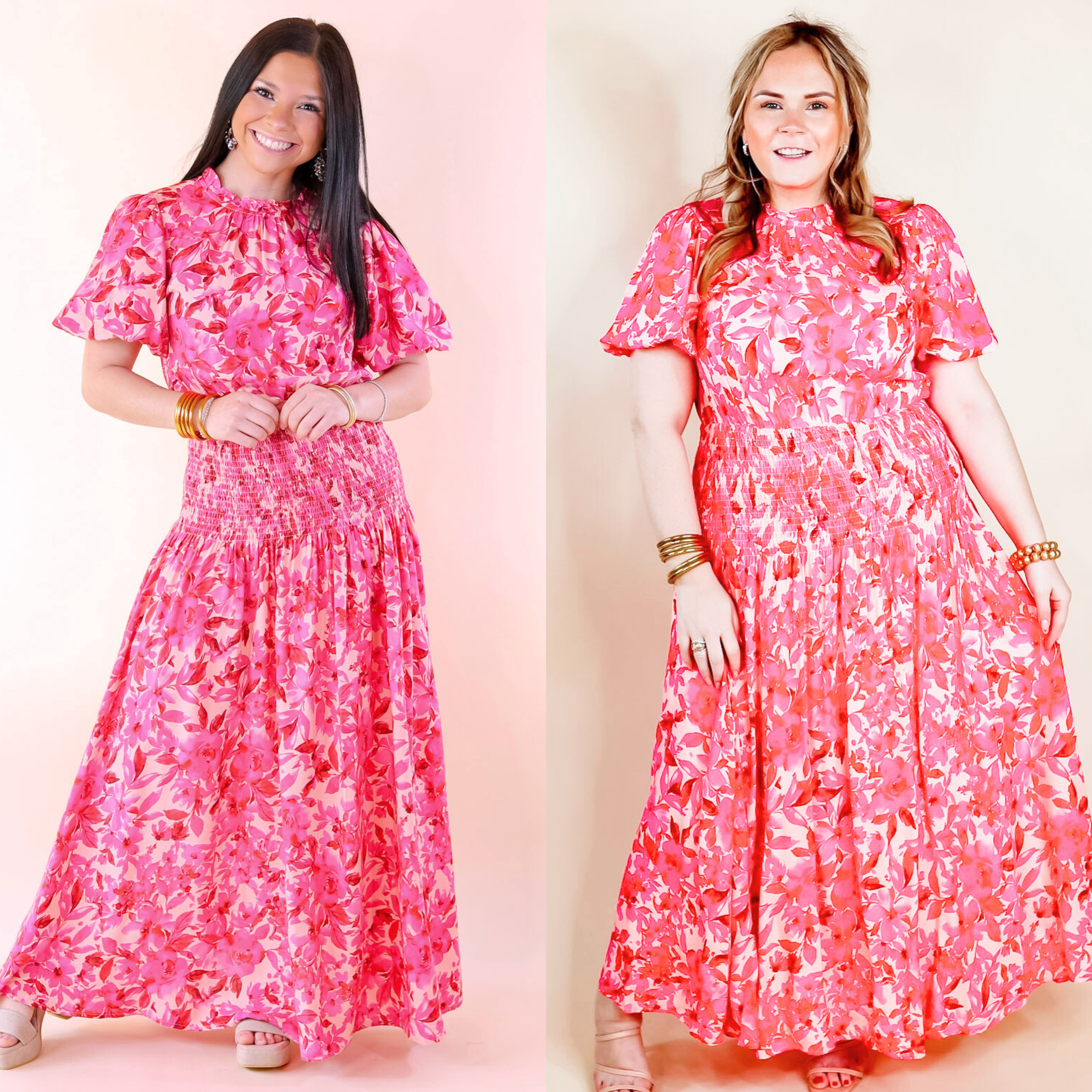 Moonlit Bay Floral High Neck Maxi dress with Smocked Waistline in Pink - Giddy Up Glamour Boutique