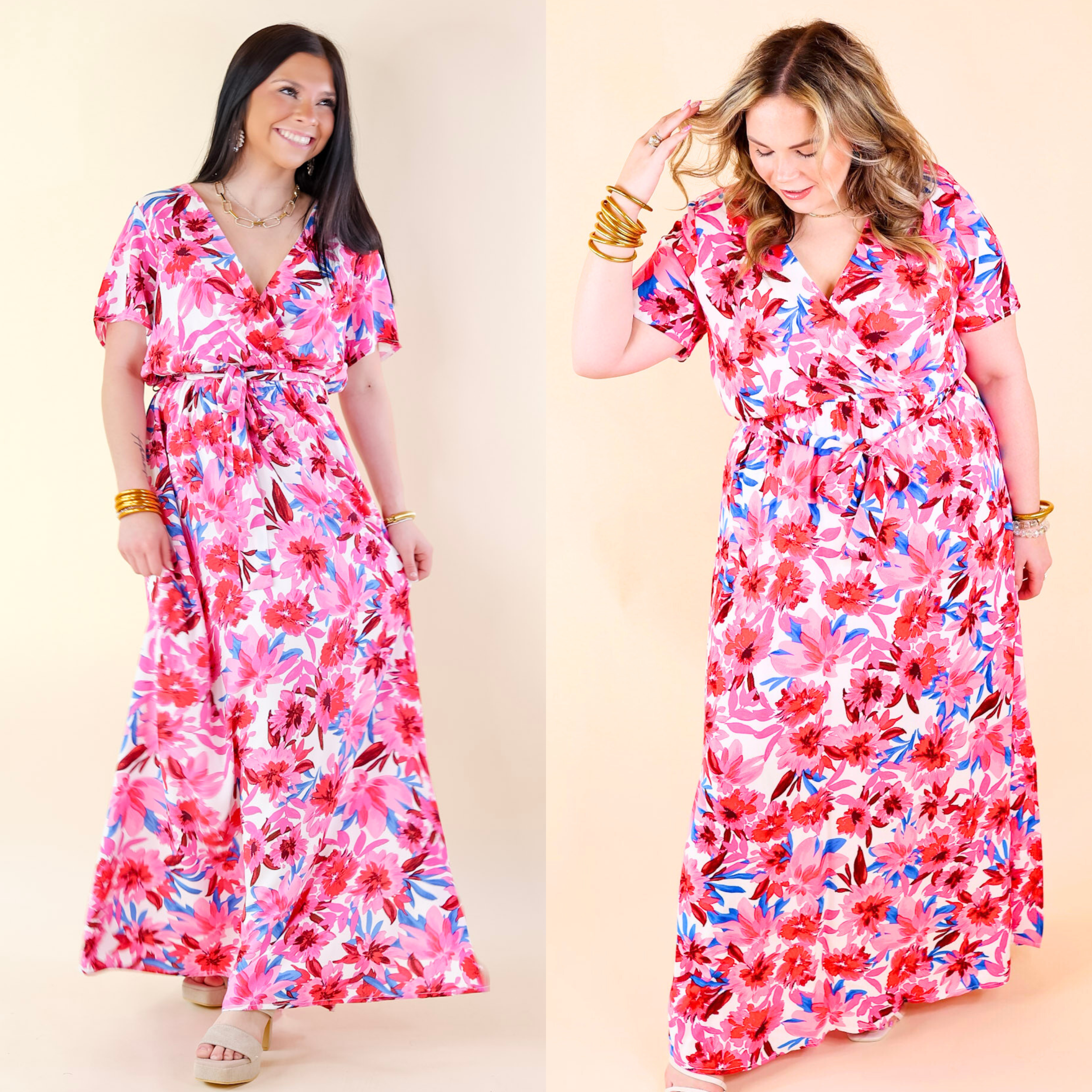 Delightful Dip Floral Maxi Dress with Waist Tie in Pink Mix
