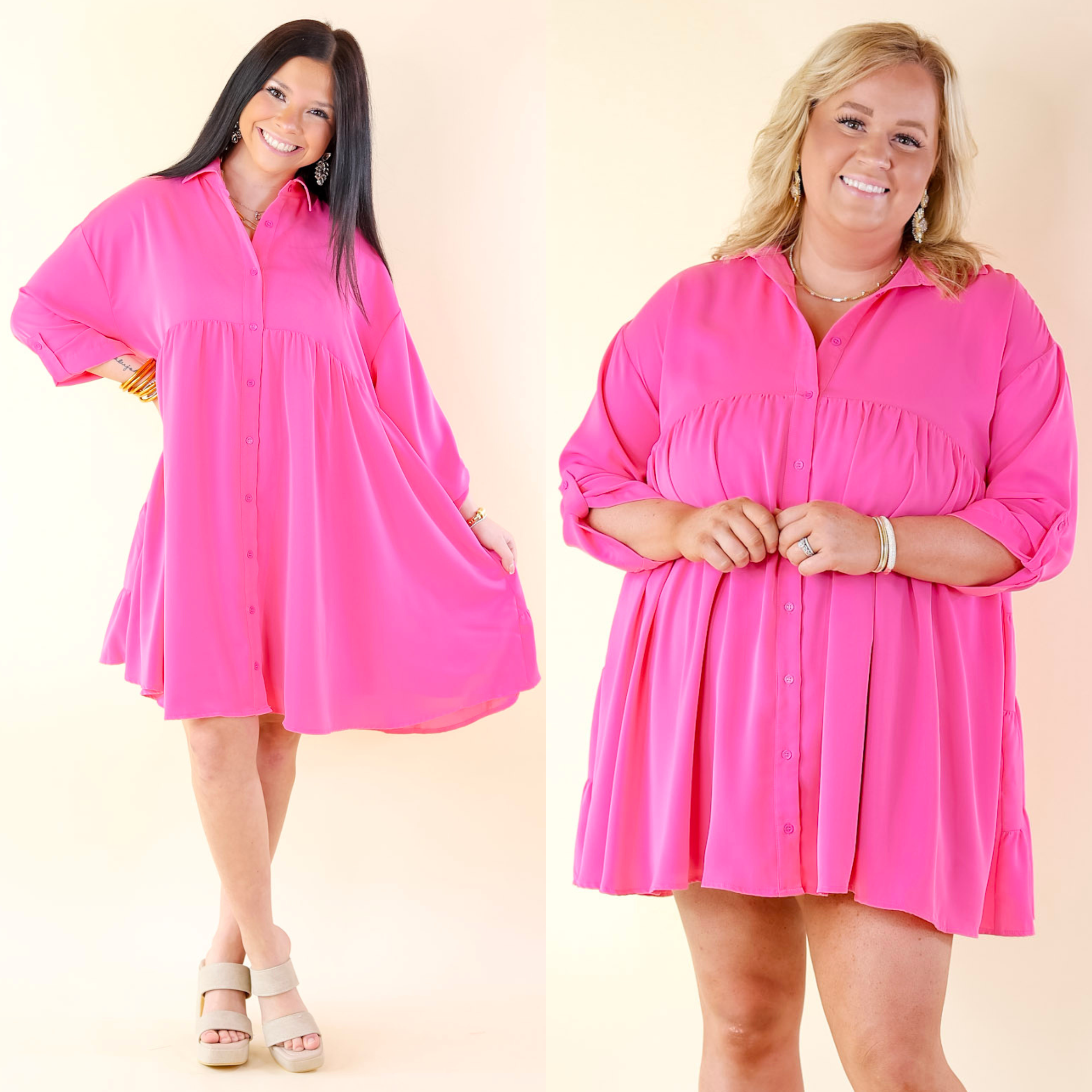 Risky Business Button Up Babydoll Dress in Pink - Giddy Up Glamour Boutique