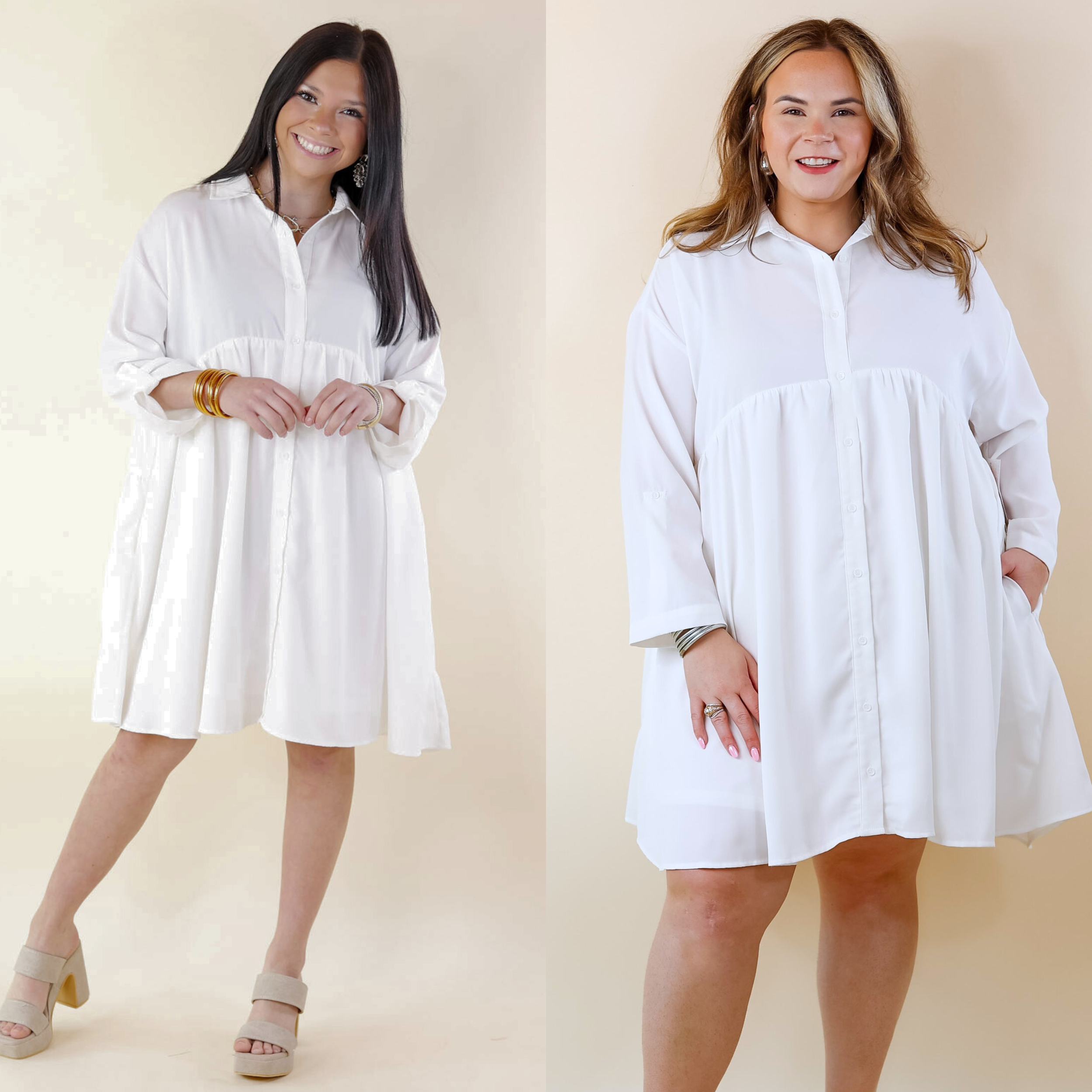 Risky Business Button Up Babydoll Dress in White