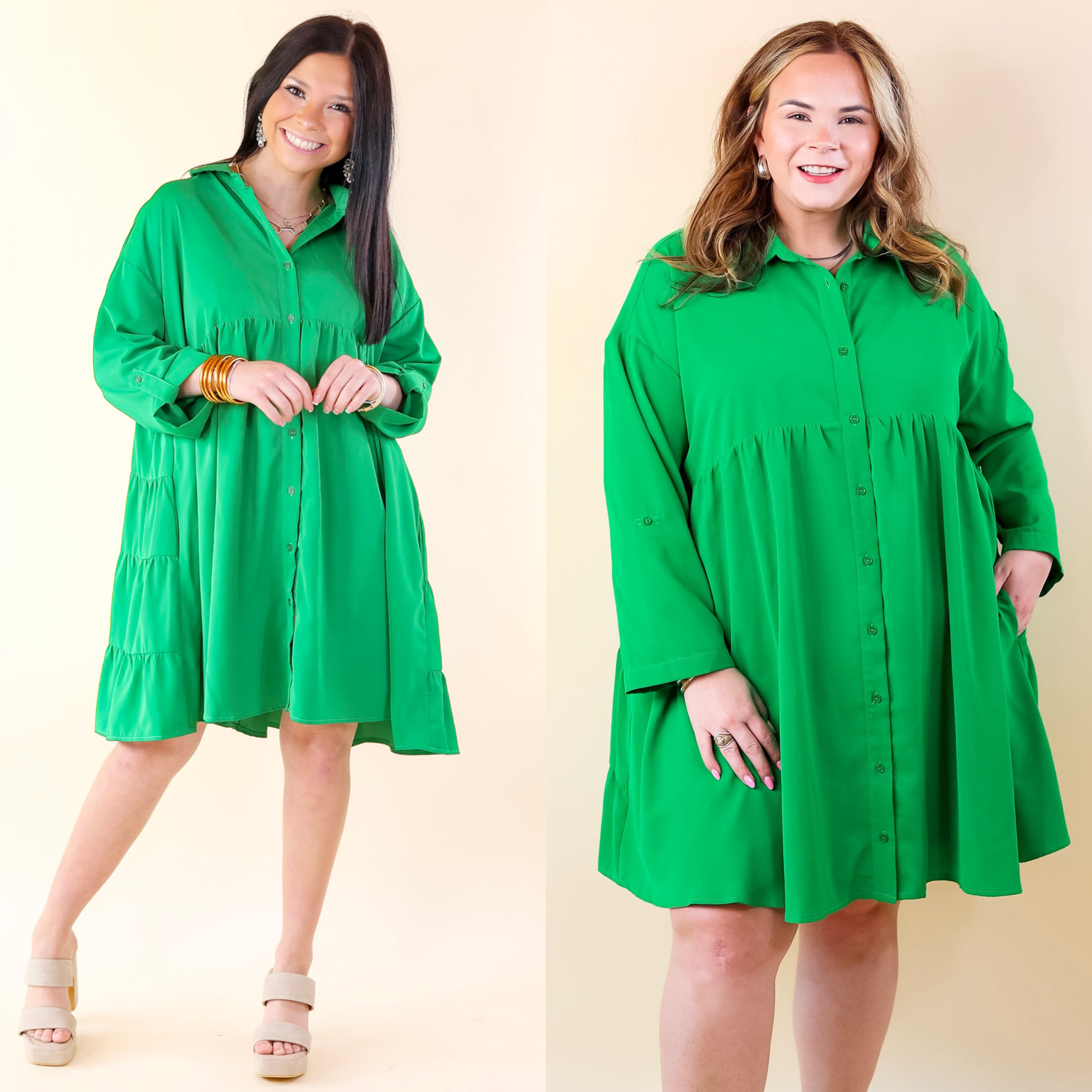 Risky Business Button Up Babydoll Dress in Green