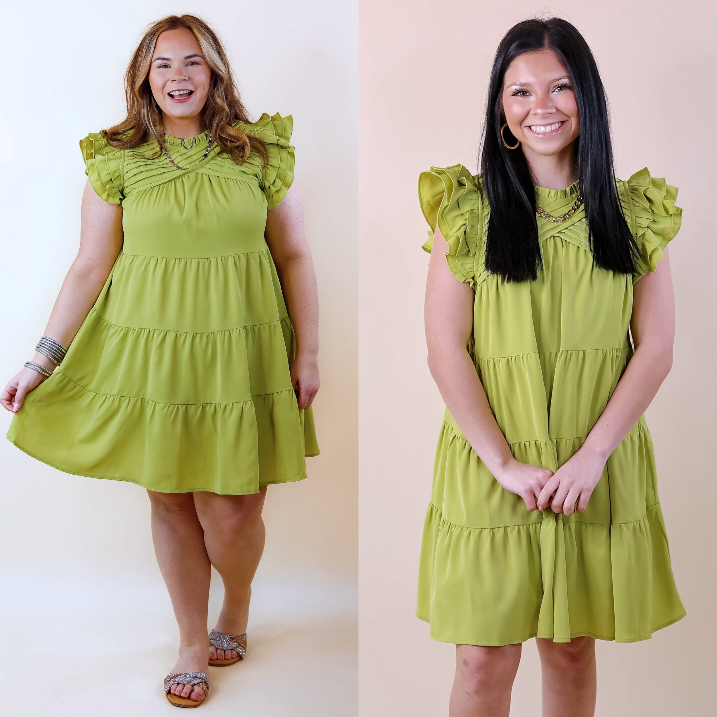Chic On Scene Ruffle Tiered Dress with Pleated Detailing in Pistachio Green