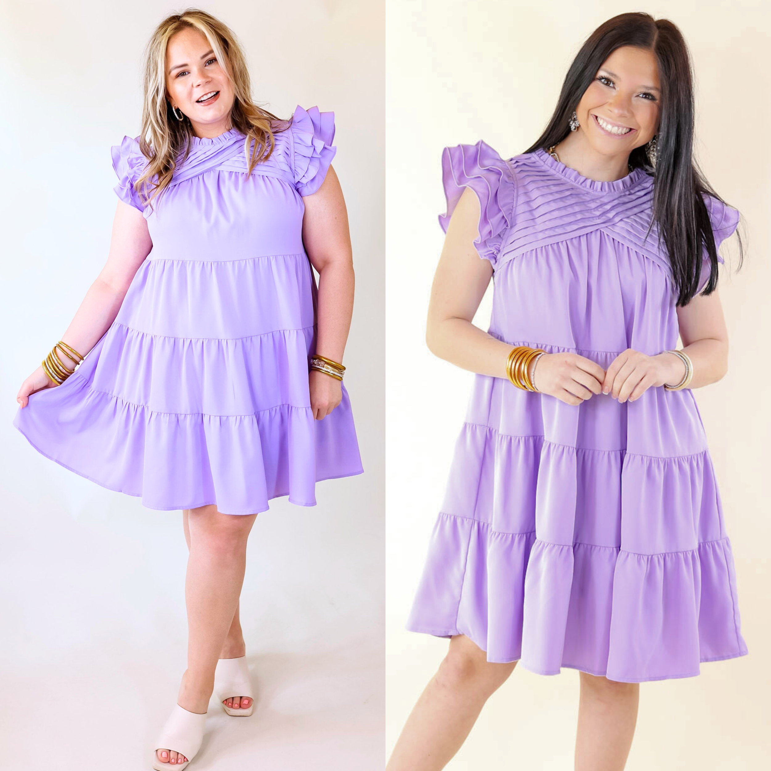 Chic On Scene Ruffle Tiered Dress with Pleated Detailing in Lavender Purple - Giddy Up Glamour Boutique