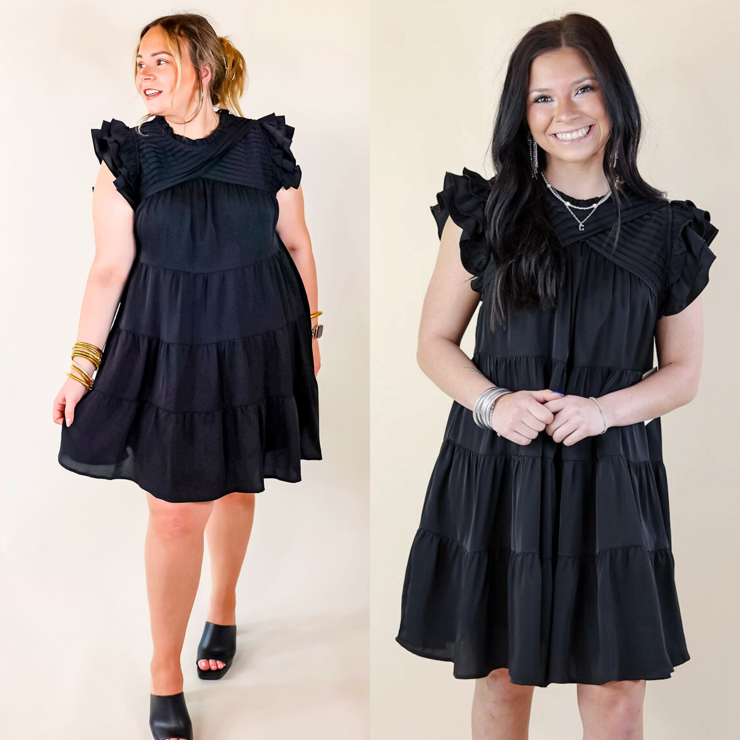 Chic On Scene Ruffle Tiered Dress with Pleated Detailing in Black - Giddy Up Glamour Boutique