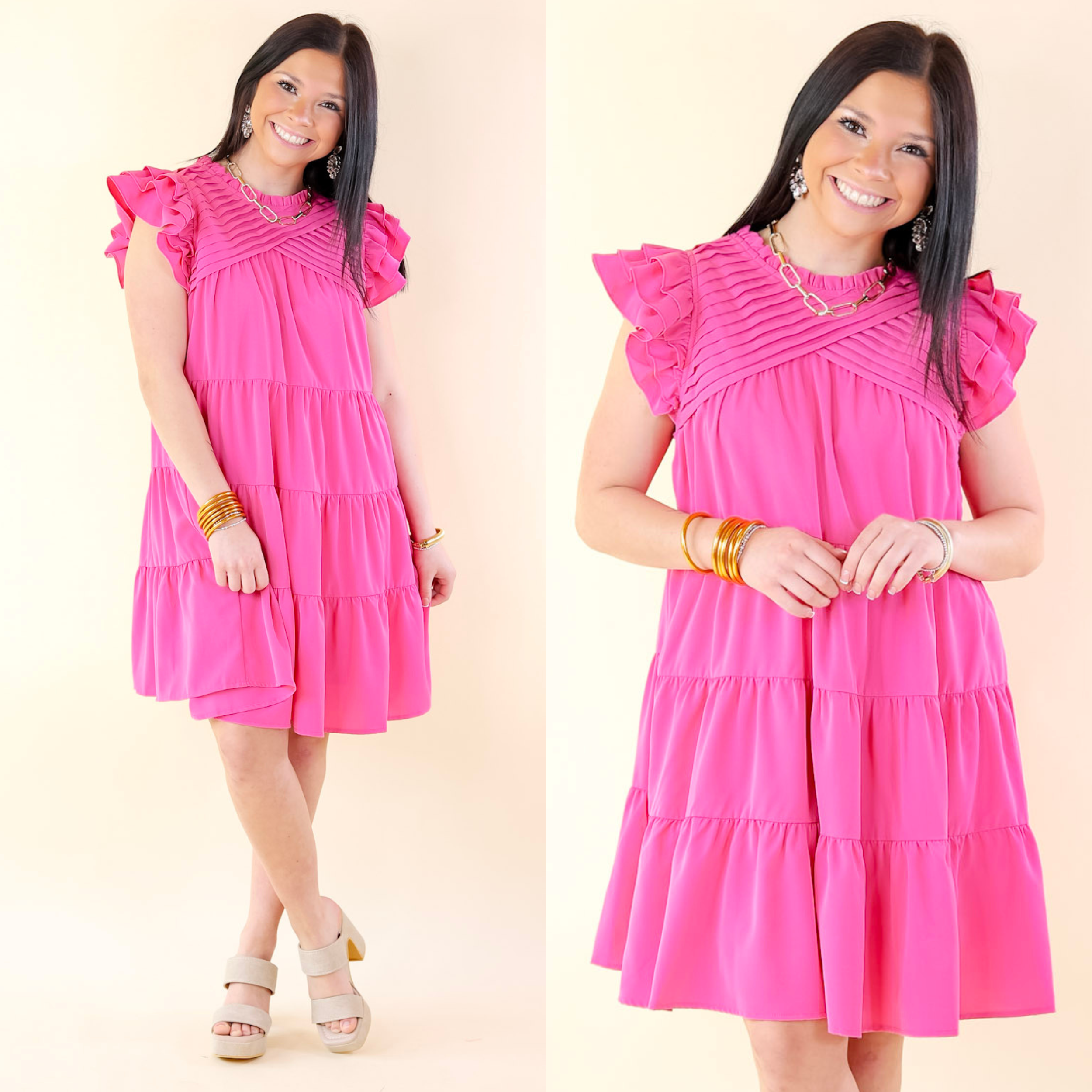 Chic On Scene Ruffle Tiered Dress with Pleated Detailing in Pink