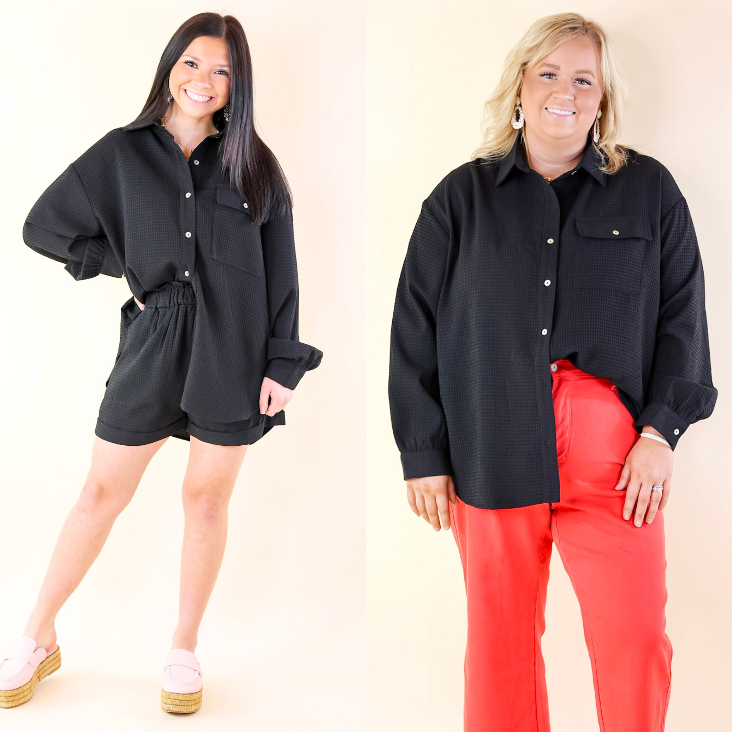 Escaping Ordinary Waffle Weave Button Up Top in Black - Giddy Up Glamour Boutique