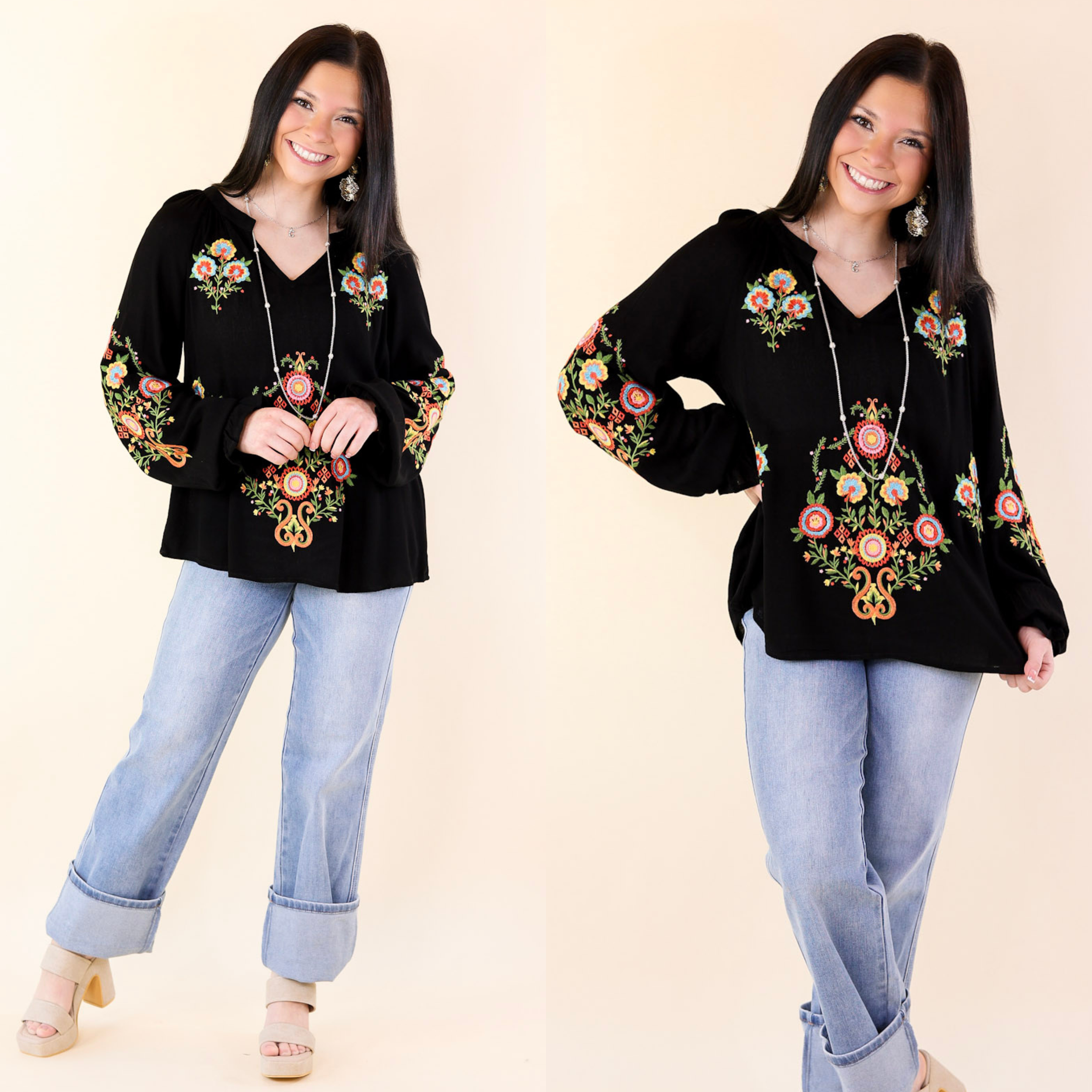 Dreamy Destination Floral Embroidered Long Sleeve Top in Black