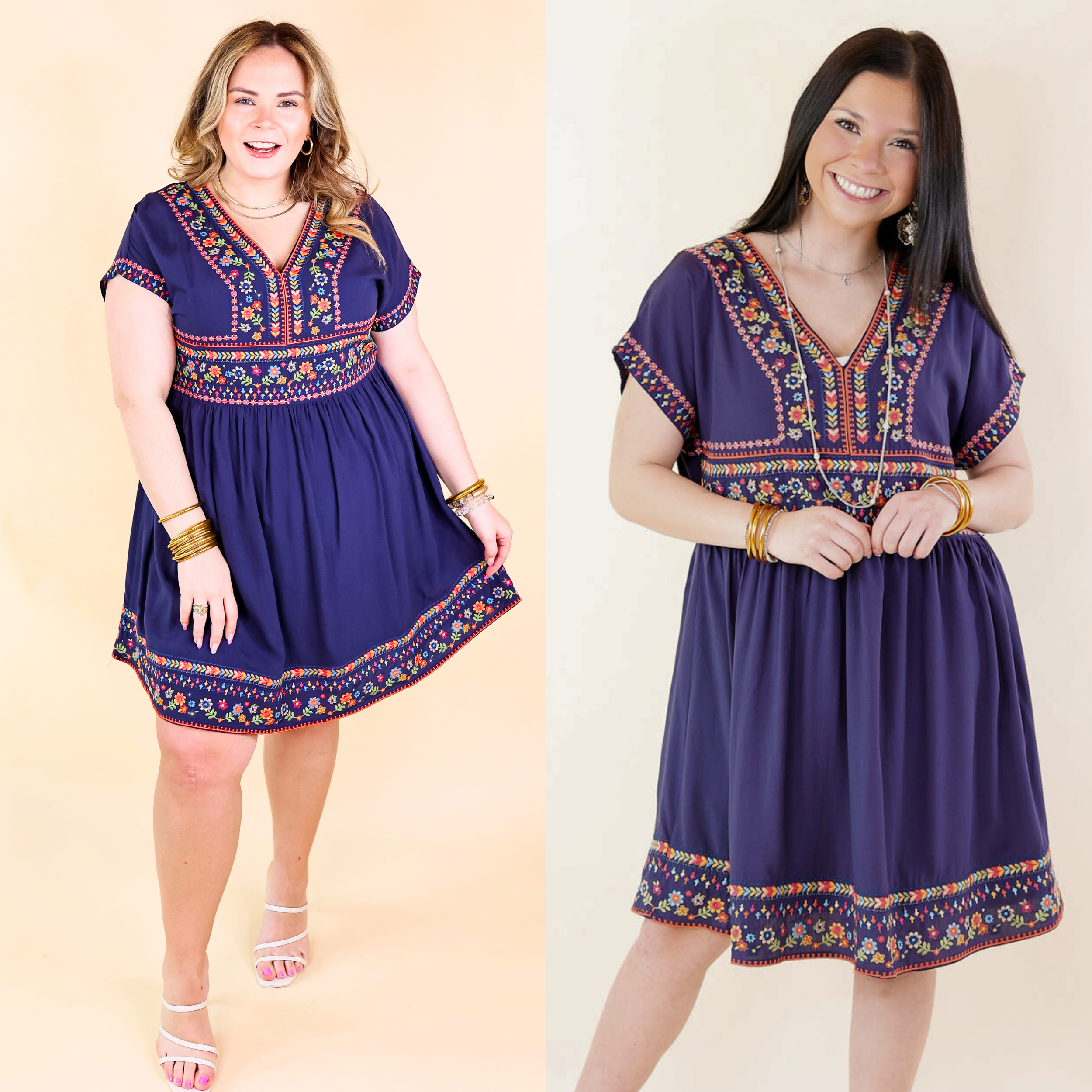 Passing Through V Neck Embroidered Dress with Short Sleeves in Navy Blue - Giddy Up Glamour Boutique