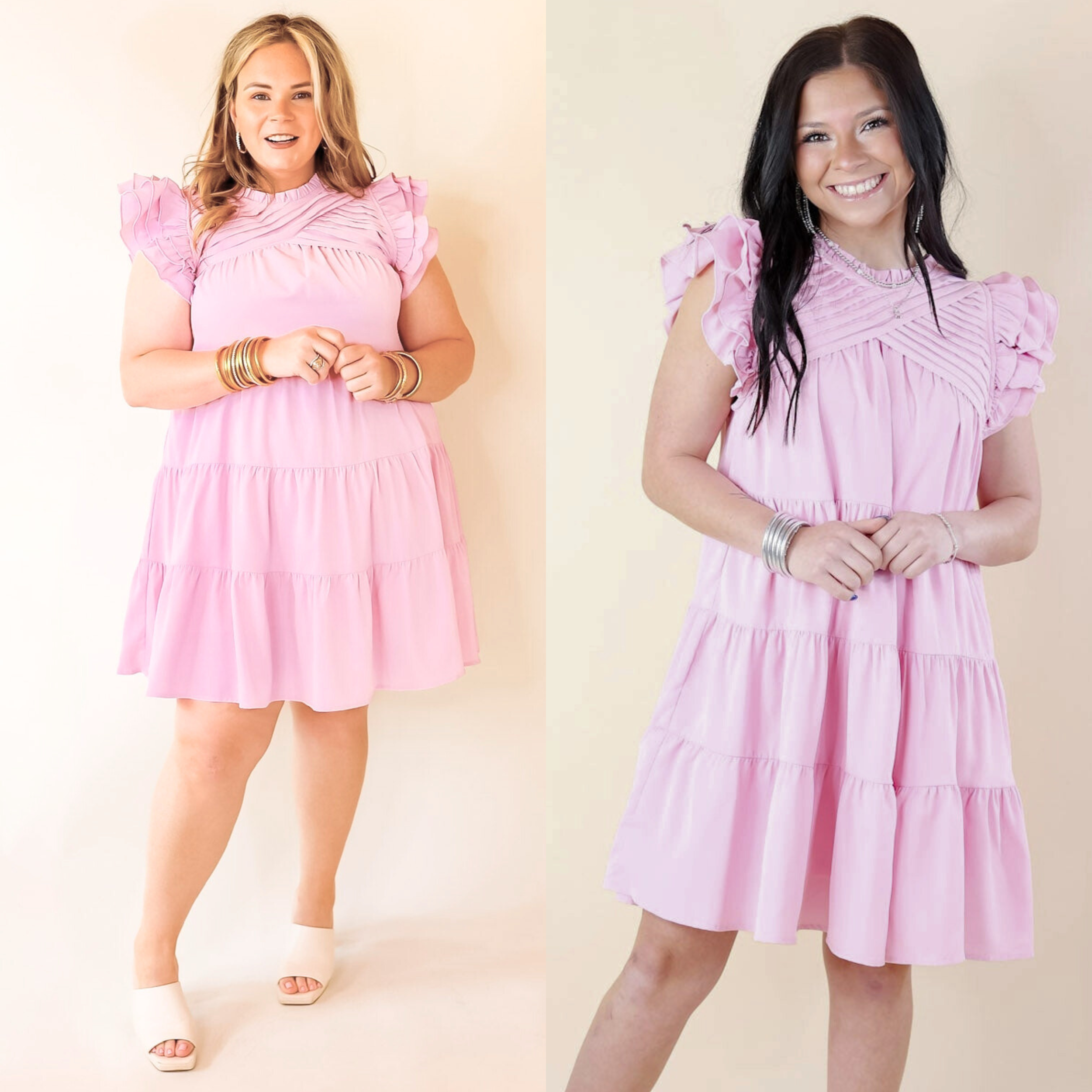 Chic On Scene Ruffle Tiered Dress with Pleated Detailing in Light Pink - Giddy Up Glamour Boutique