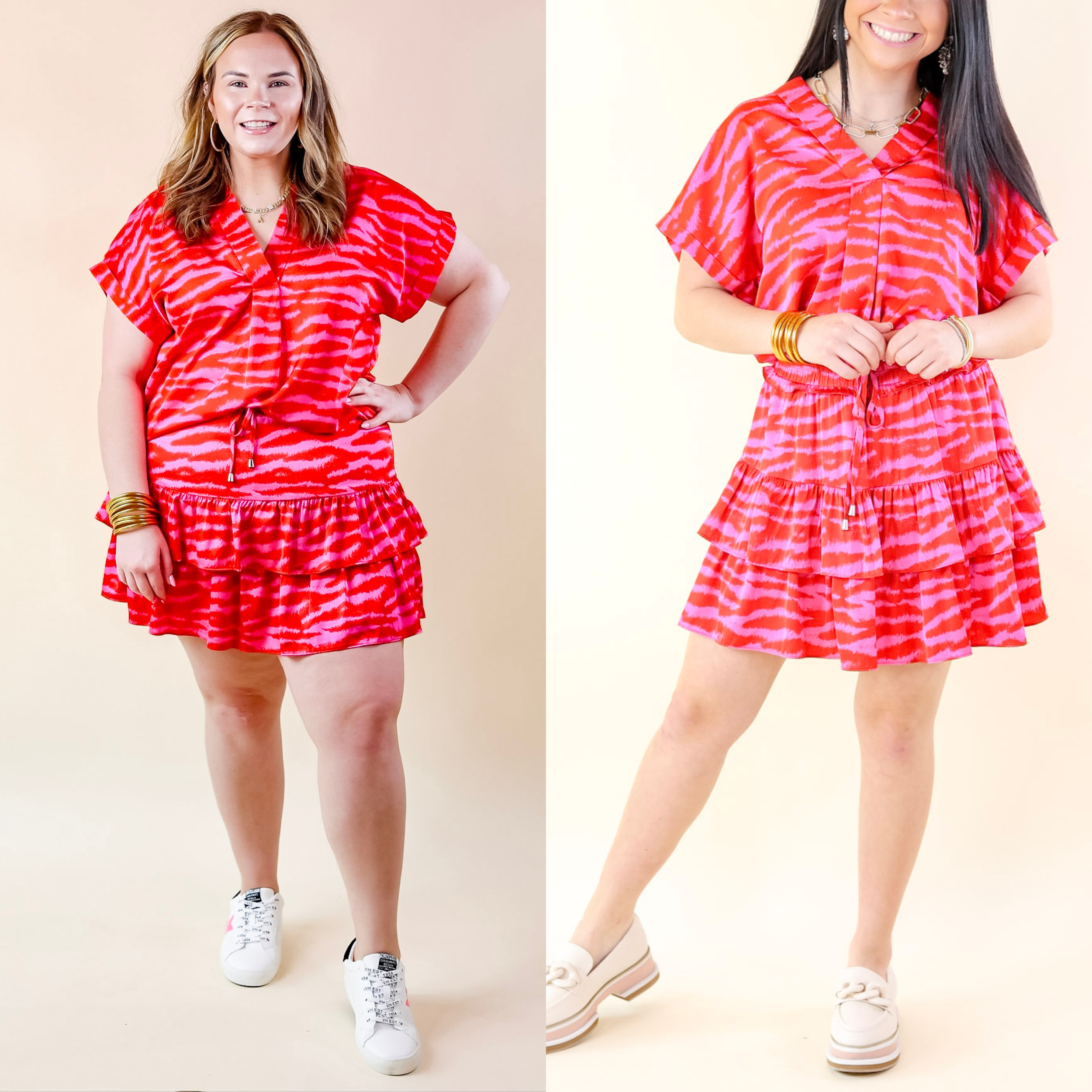 Vibrant Vibes Zebra Print Tiered Skort with Drawstring Waist in Red and Pink - Giddy Up Glamour Boutique