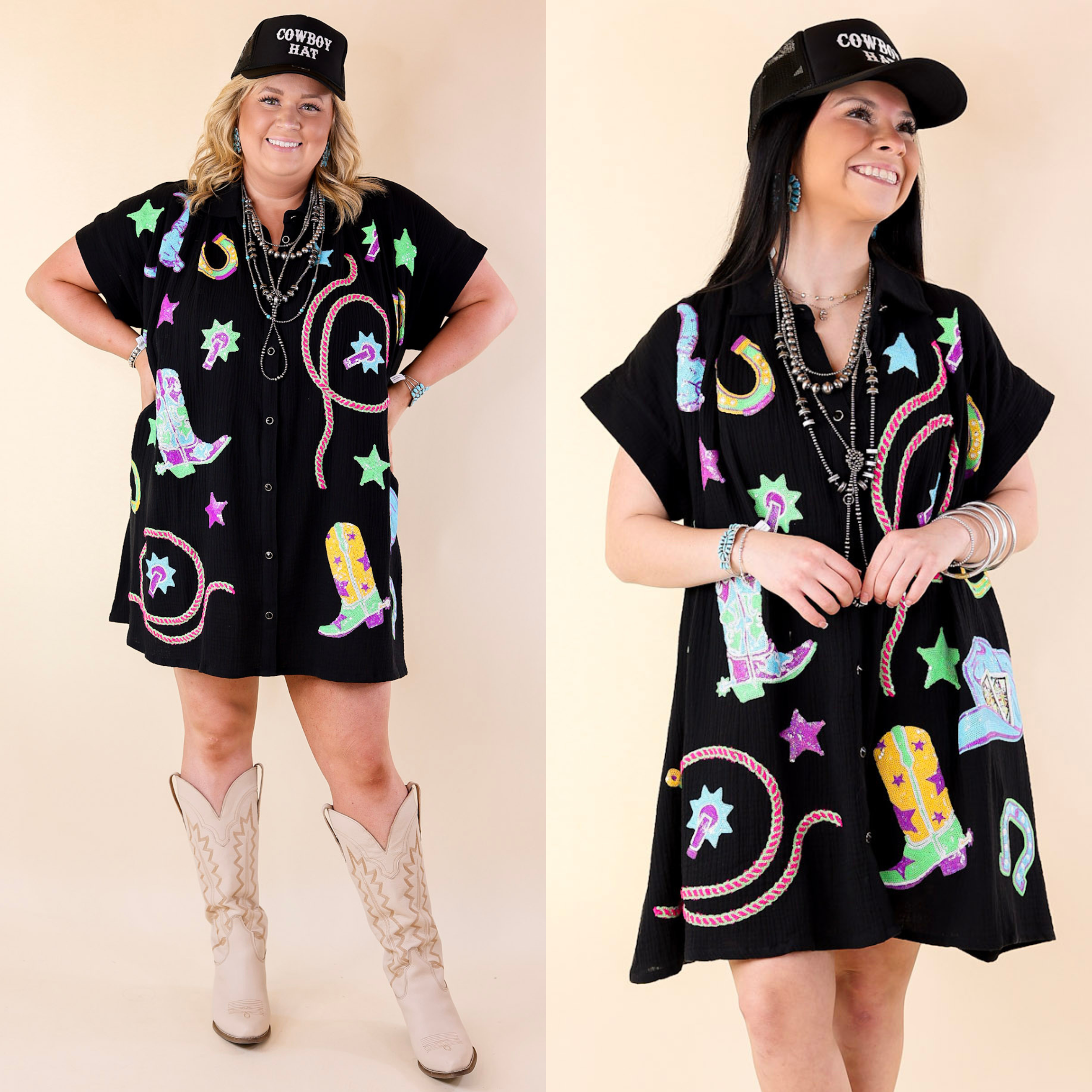 Queen Of Sparkles | Cowboy Casanova Western Icon Short Sleeve Sequin Dress in Black - Giddy Up Glamour Boutique