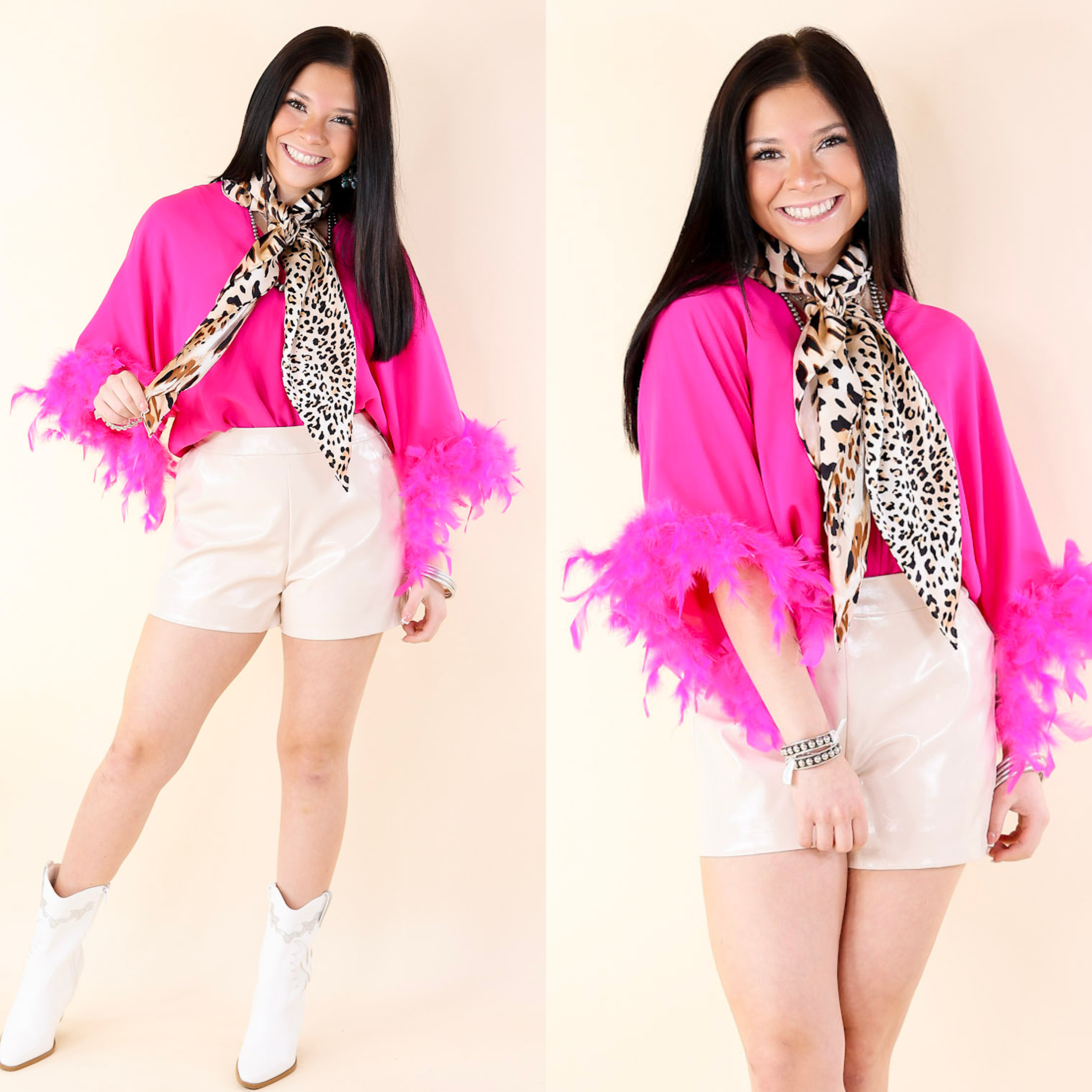 Party Plans V Neck Bodysuit with Feather Sleeves in Fuchsia Pink