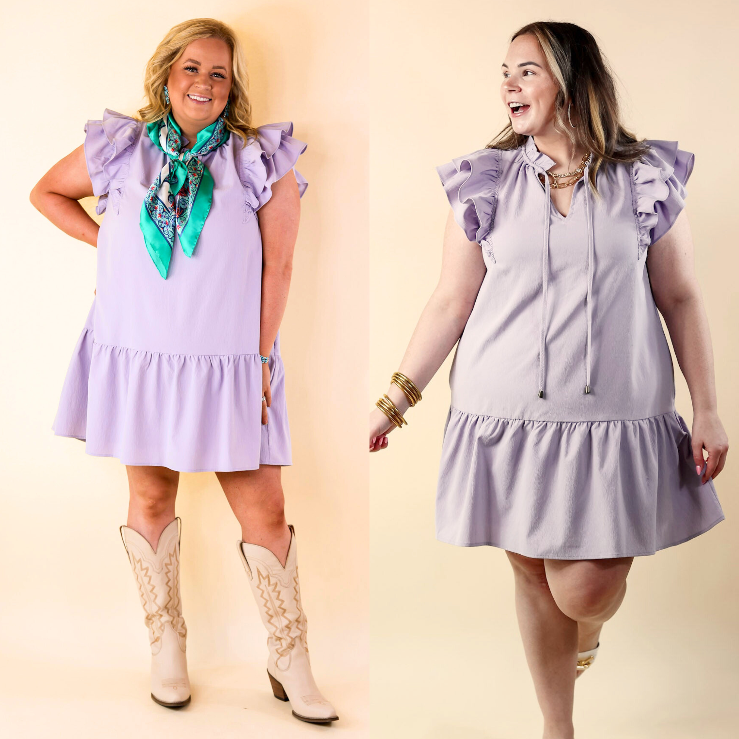 Powerful Love Ruffle Cap Sleeve Dress with Keyhole and Tie Neckline in Lavender Purple - Giddy Up Glamour Boutique