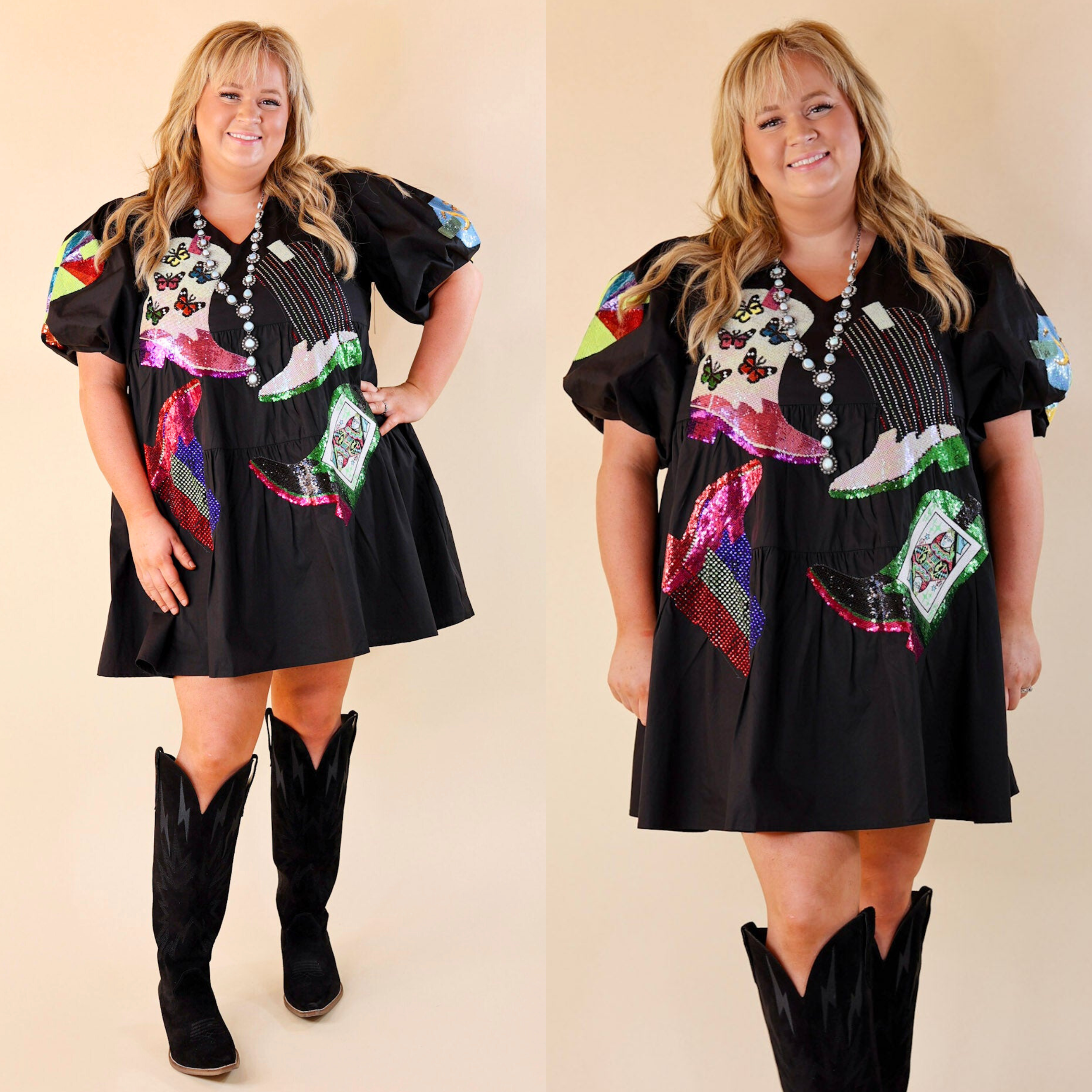 Queen Of Sparkles | Boot Scootin' Sequin Boot Icon Short Balloon Sleeve Dress in Black - Giddy Up Glamour Boutique
