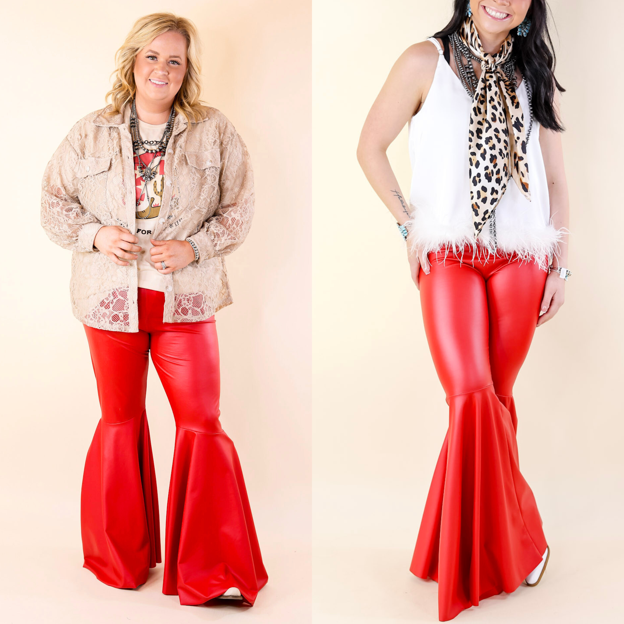 Nearly Famous Faux Leather Bell Bottom Pants in Red