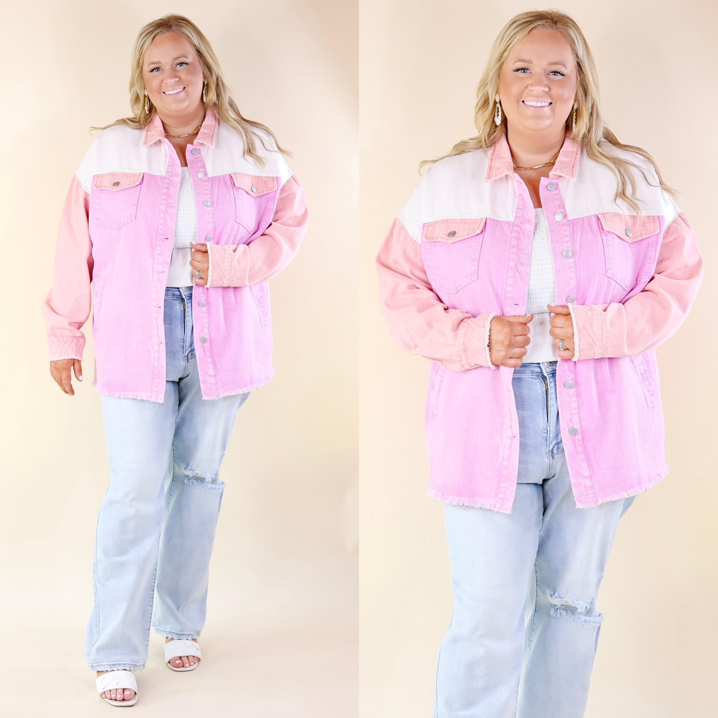 Style Mentor Color Block Button Up Jacket in Coral and Pink - Giddy Up Glamour Boutique
