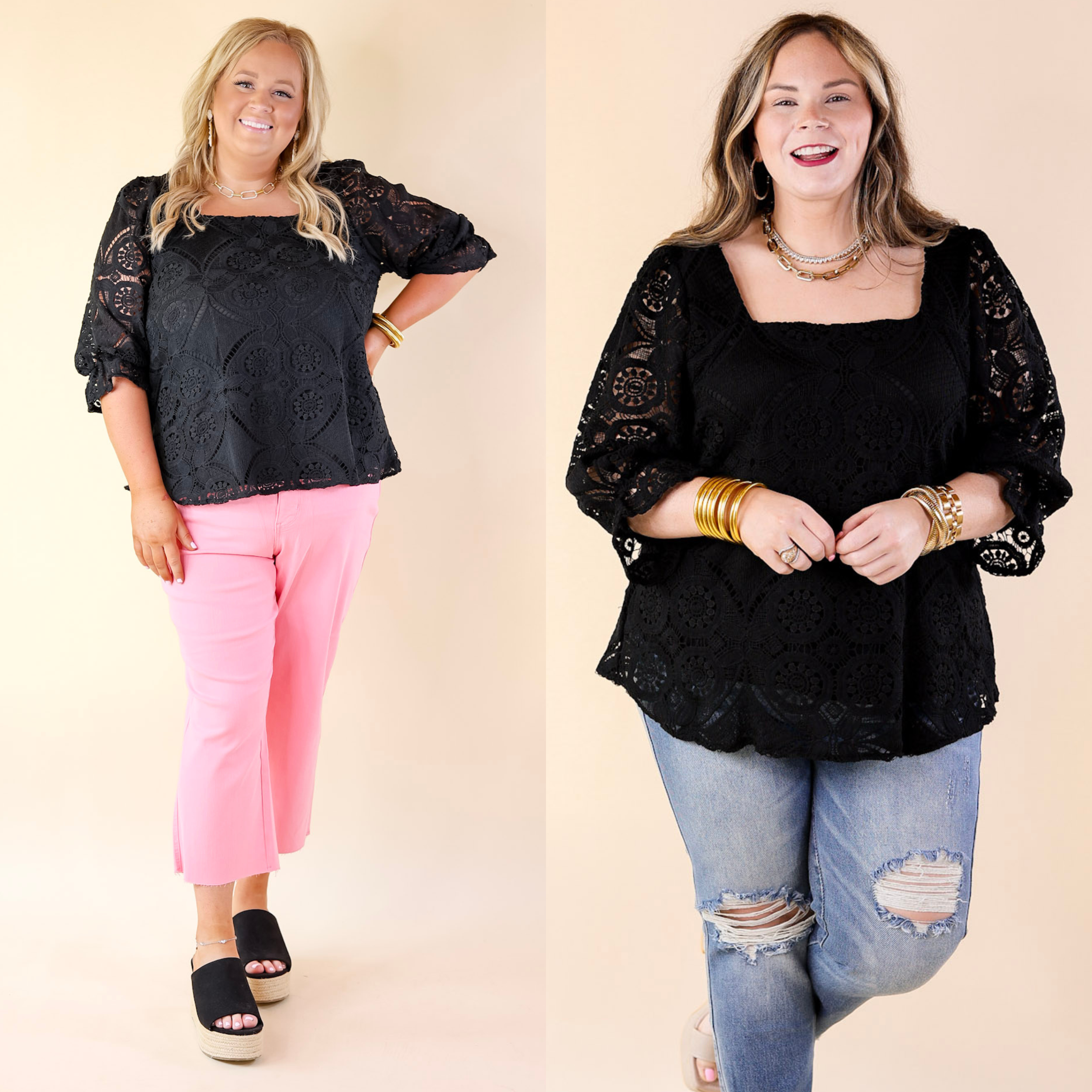 Sweet Talker 3/4 Sleeve Crocheted Top with Square Neckline in Black - Giddy Up Glamour Boutique