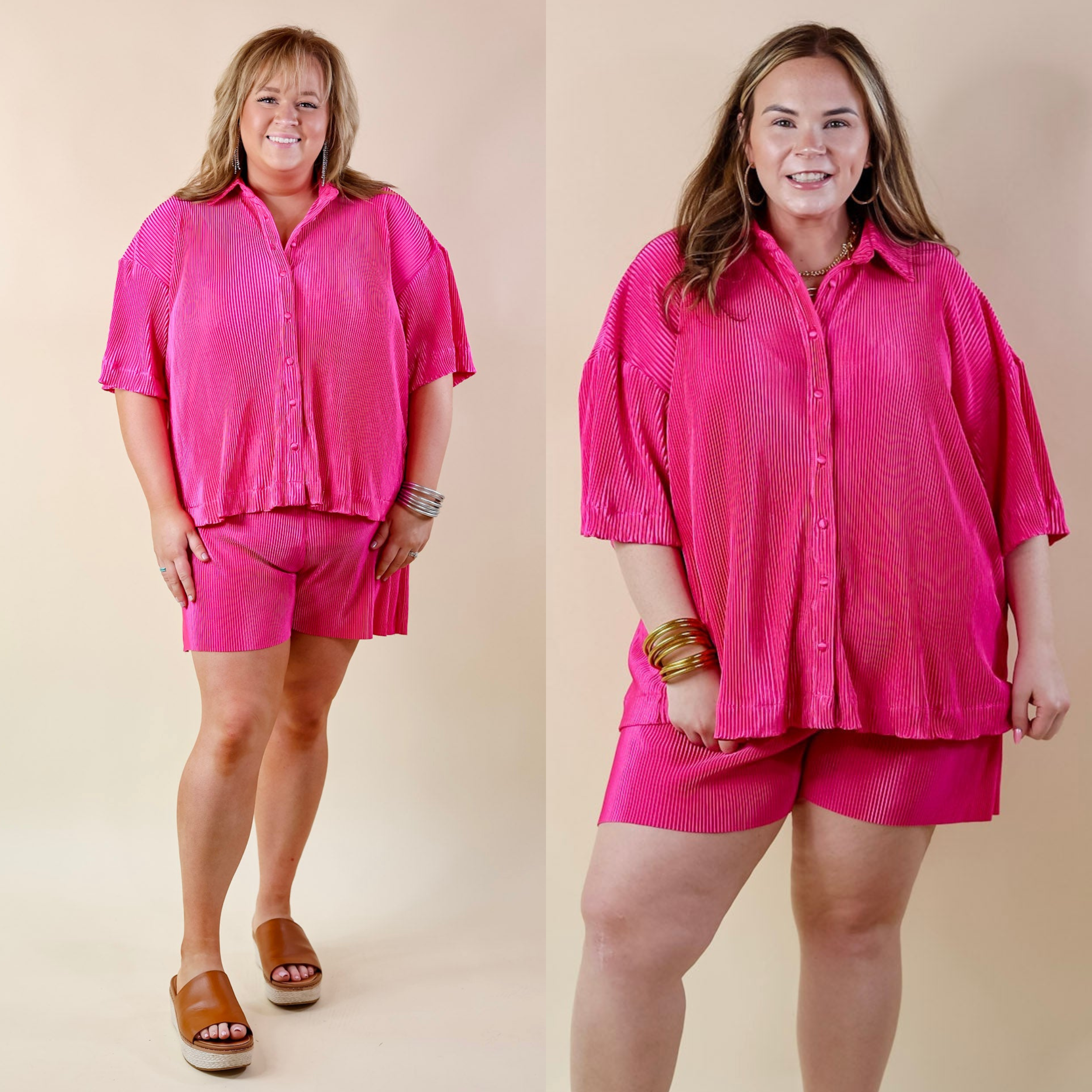 Make Me Dance Plissé Ribbed Button Up Top in Pink - Giddy Up Glamour Boutique