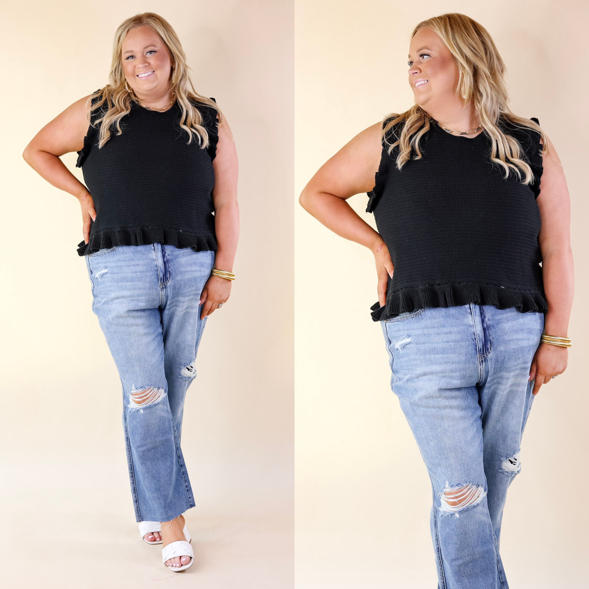 Breezy Baby Cropped Sweater with Ruffle Cap Sleeves in Black - Giddy Up Glamour Boutique