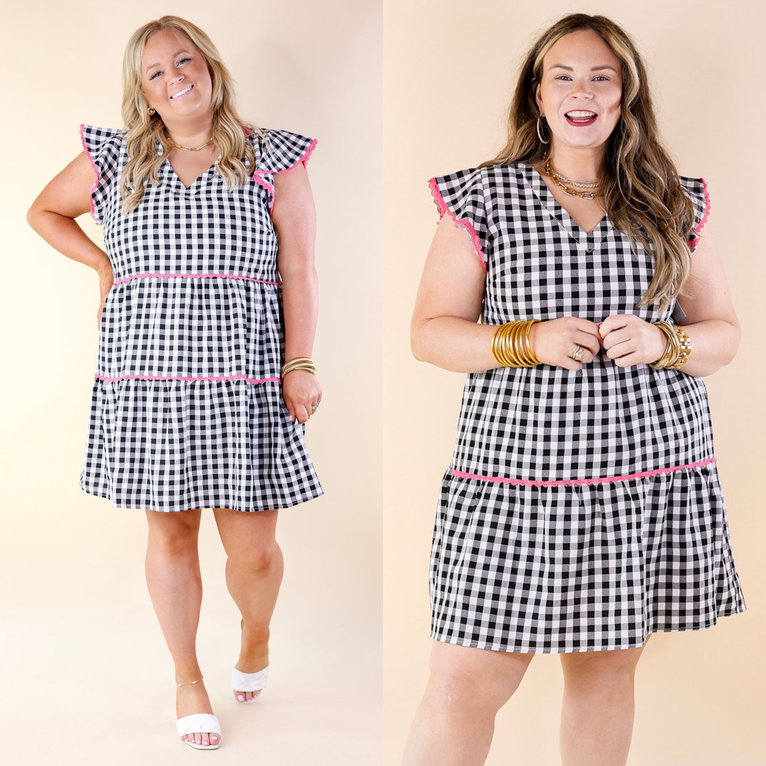 Flirty Mood Gingham Ruffle Tiered Dress with Pink Lace Trim - Giddy Up Glamour Boutique