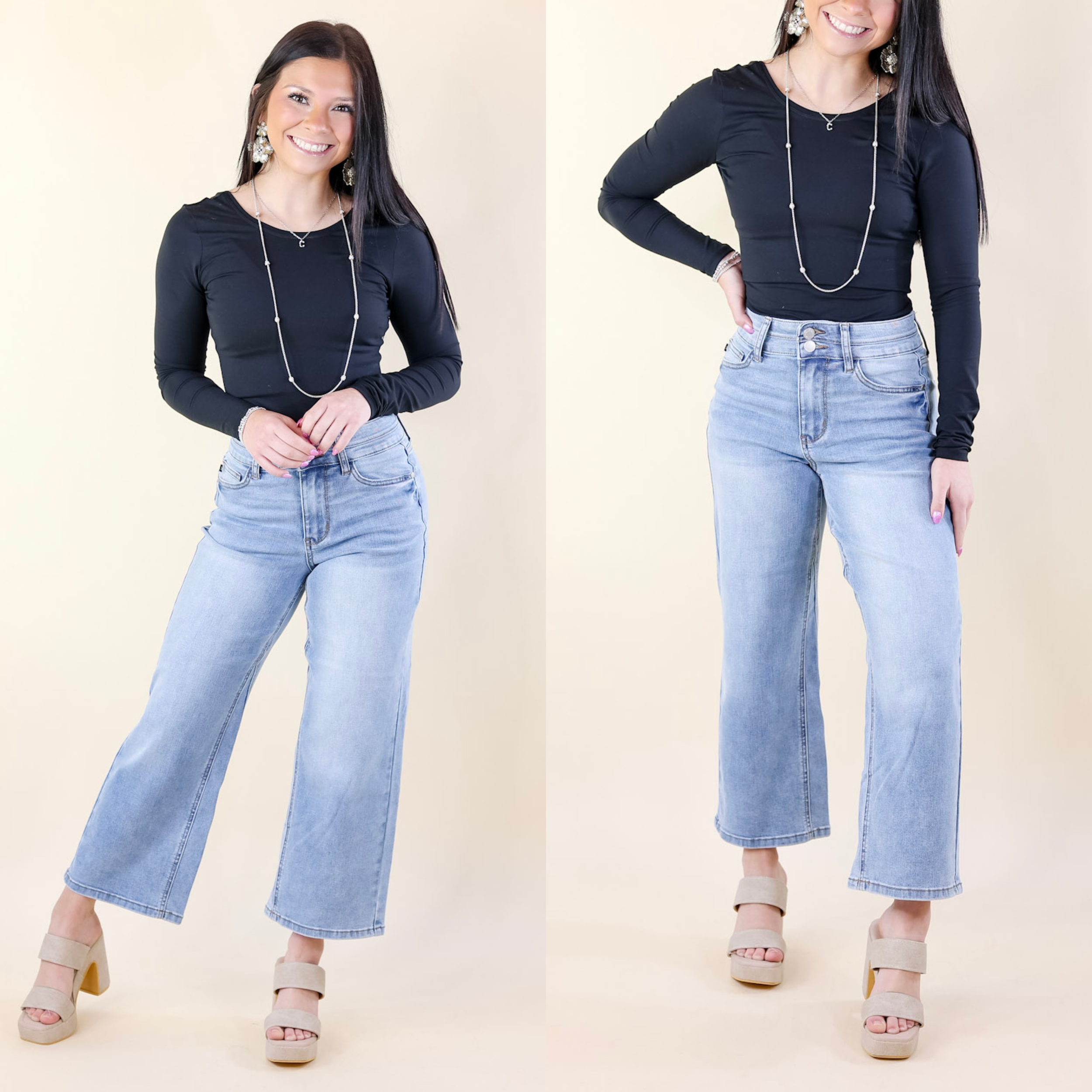 Judy Blue | Fashion Forward Double Waistband Wide Leg Cropped Jeans in Medium Wash - Giddy Up Glamour Boutique