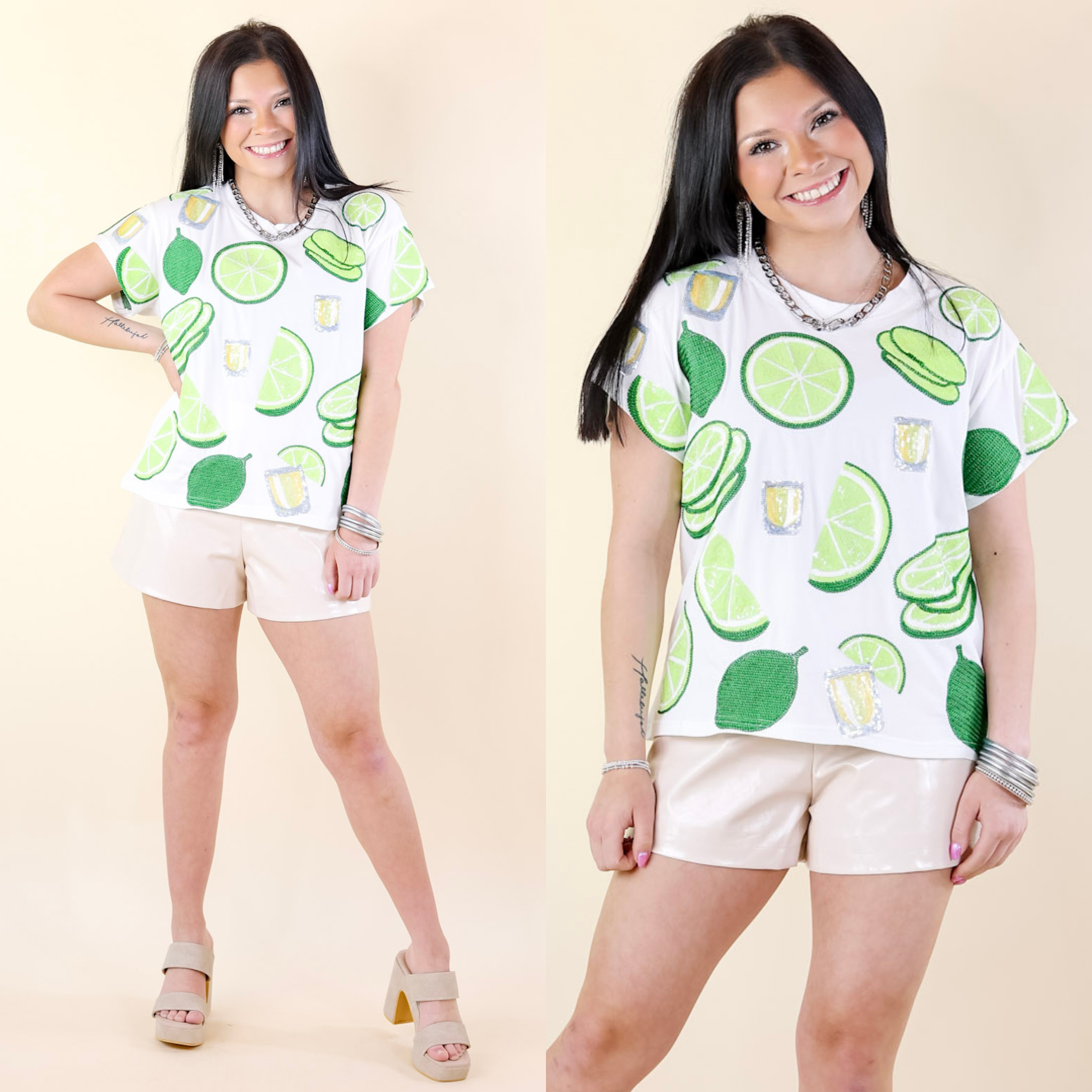 Queen Of Sparkles | Citrus Celebration Lime and Tequila Shot Top in White - Giddy Up Glamour Boutique