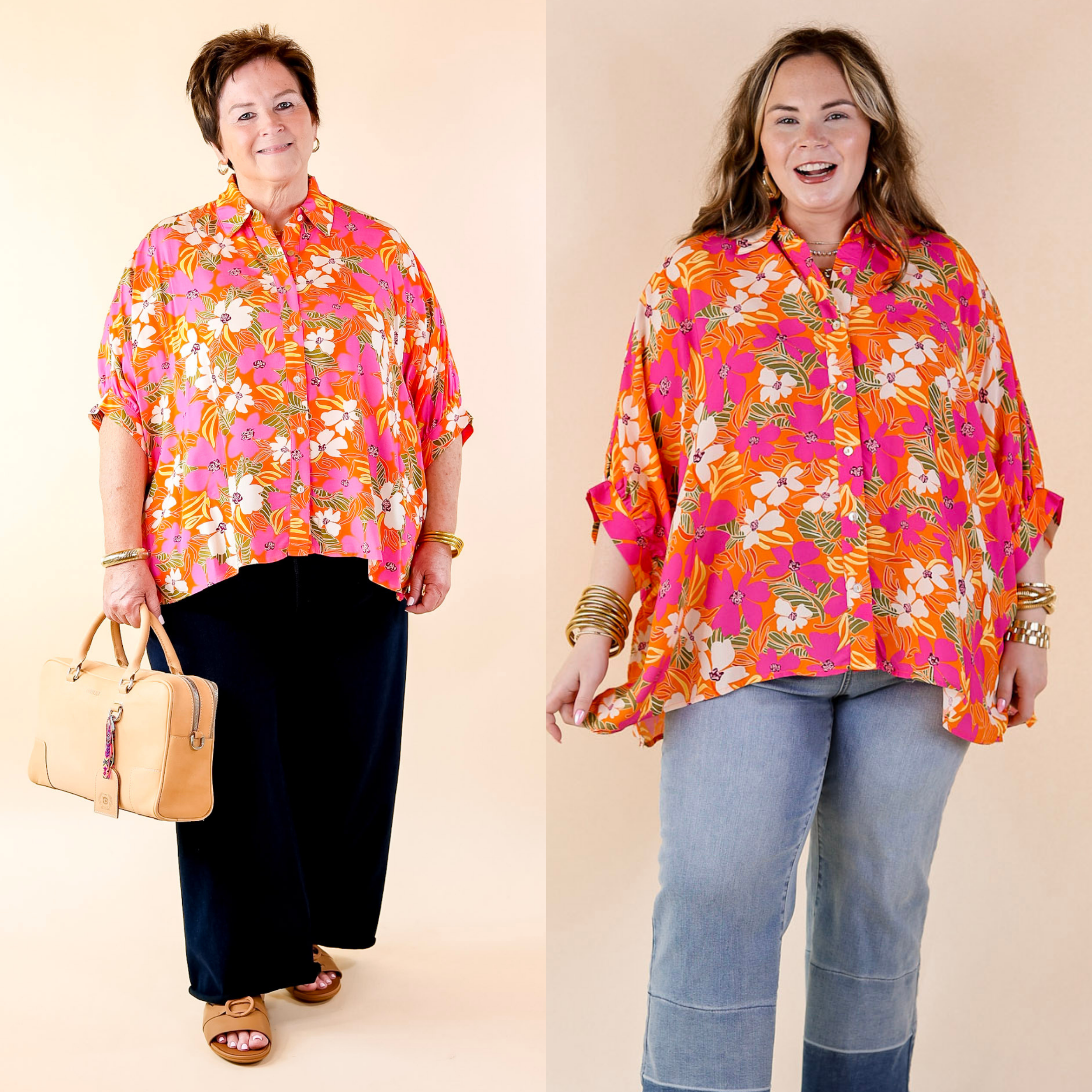 Bright Lifestyle Button Up Half Sleeve Floral Poncho Top in Orange Mix
