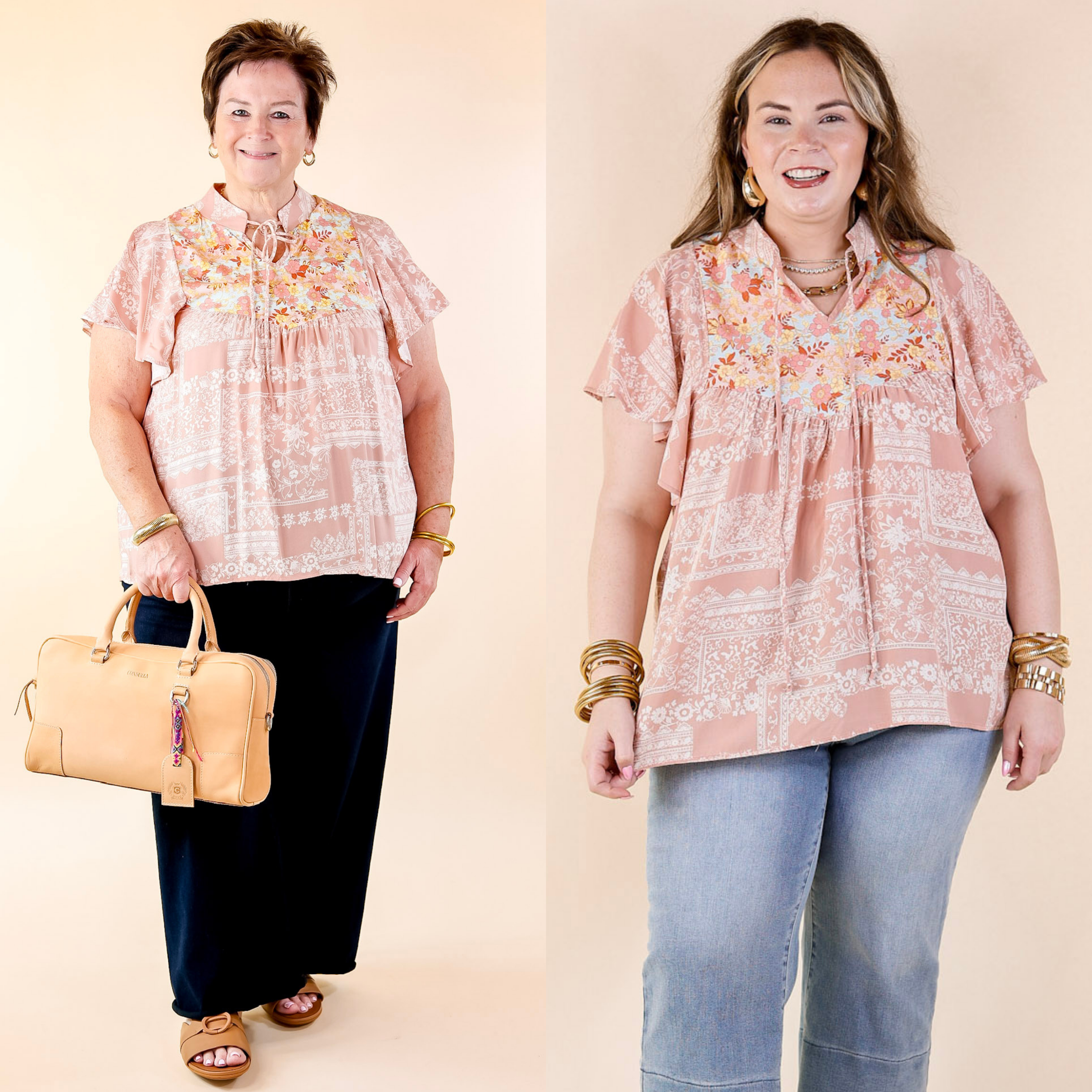 All I Want Floral Top with Keyhole and Tie Neckline in Dusty Pink - Giddy Up Glamour Boutique