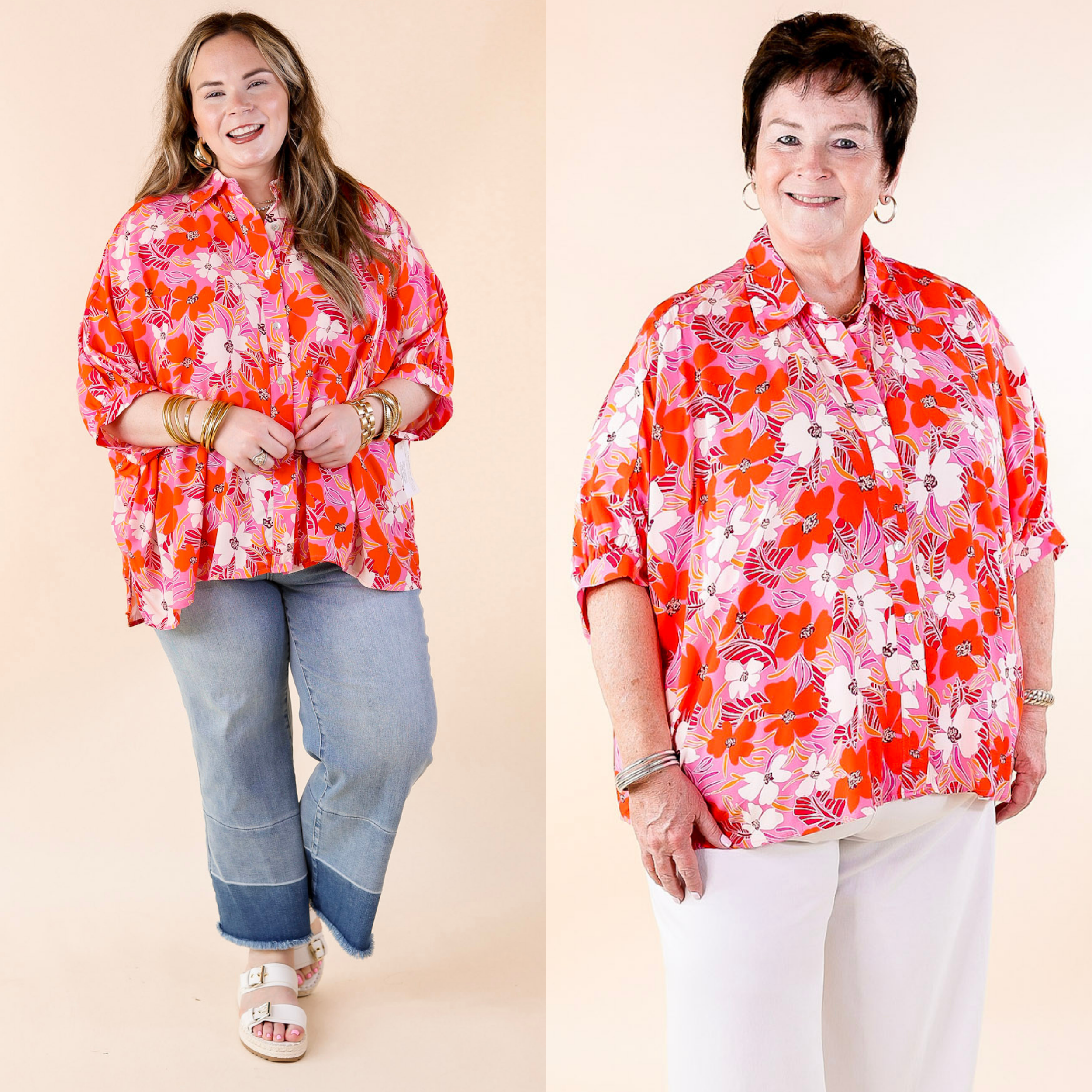 Bright Lifestyle Button Up Half Sleeve Floral Poncho Top in Pink Mix