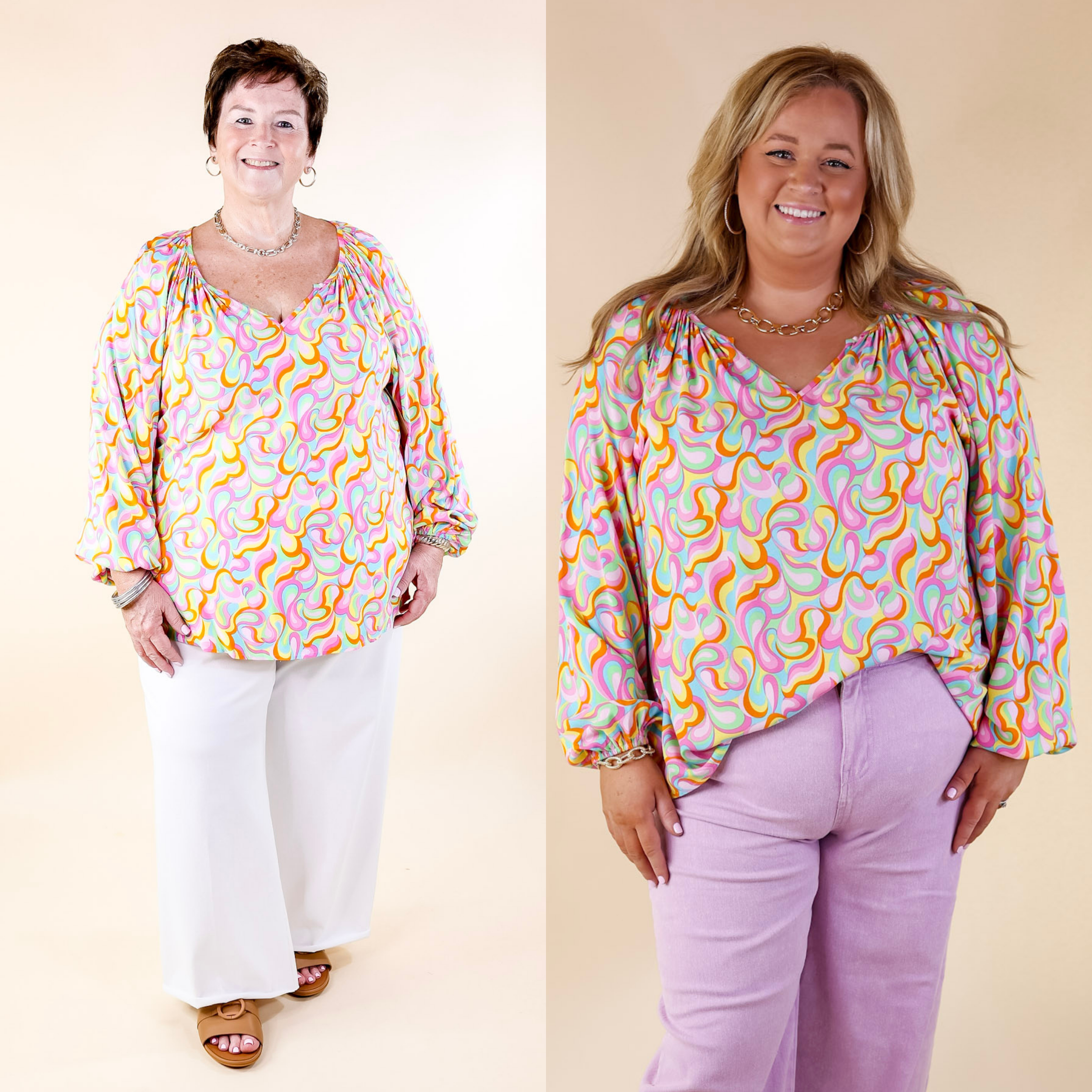 Follow Your Happiness Notched V Neck Psychedelic Top with Long Sleeves in Pink Mix