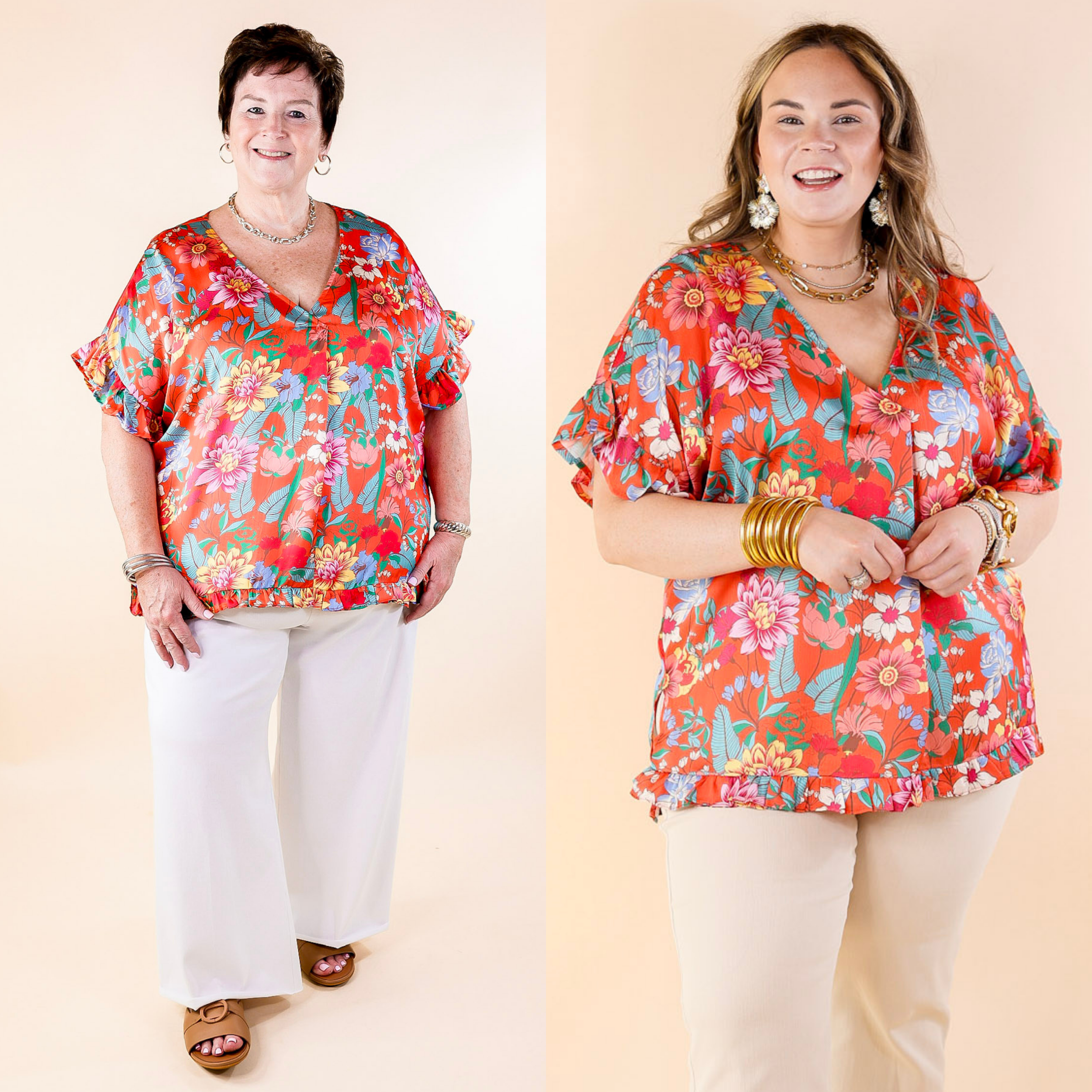 Blissful Mindset Floral V Neck Top with Short Ruffle Sleeves in Orange