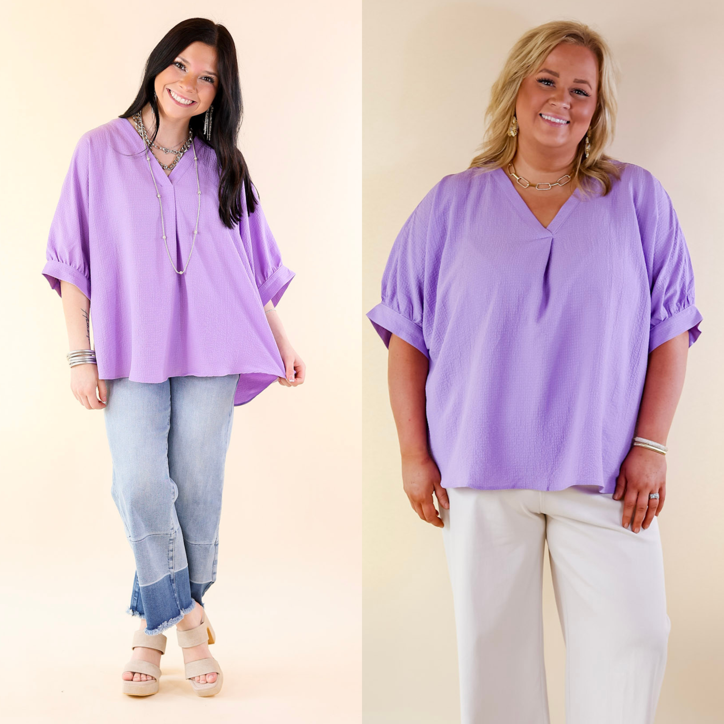 Chic and Charming V Neck Top with 3/4 Sleeves in Lavender Purple