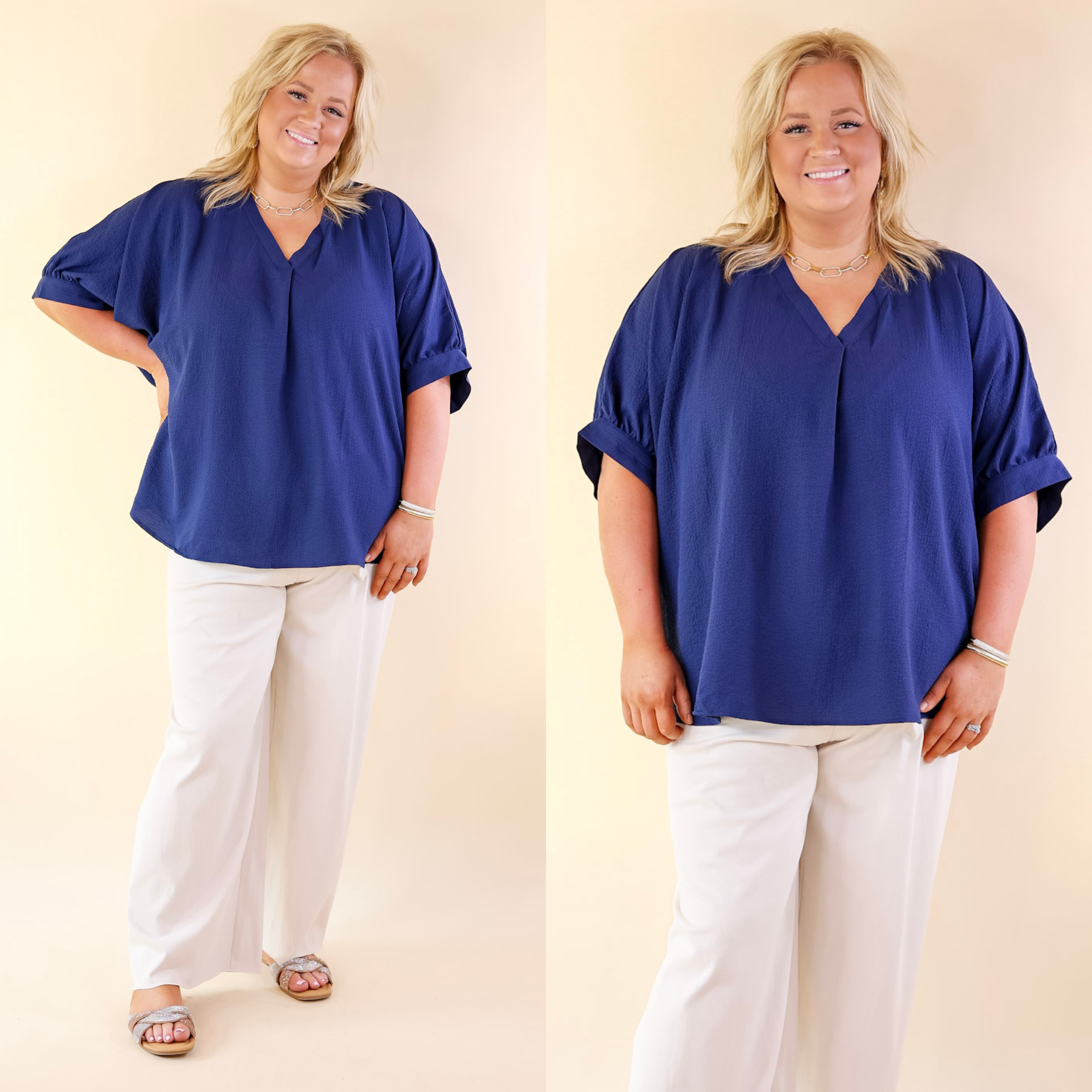 Chic and Charming V Neck Top with 3/4 Sleeves in Navy Blue
