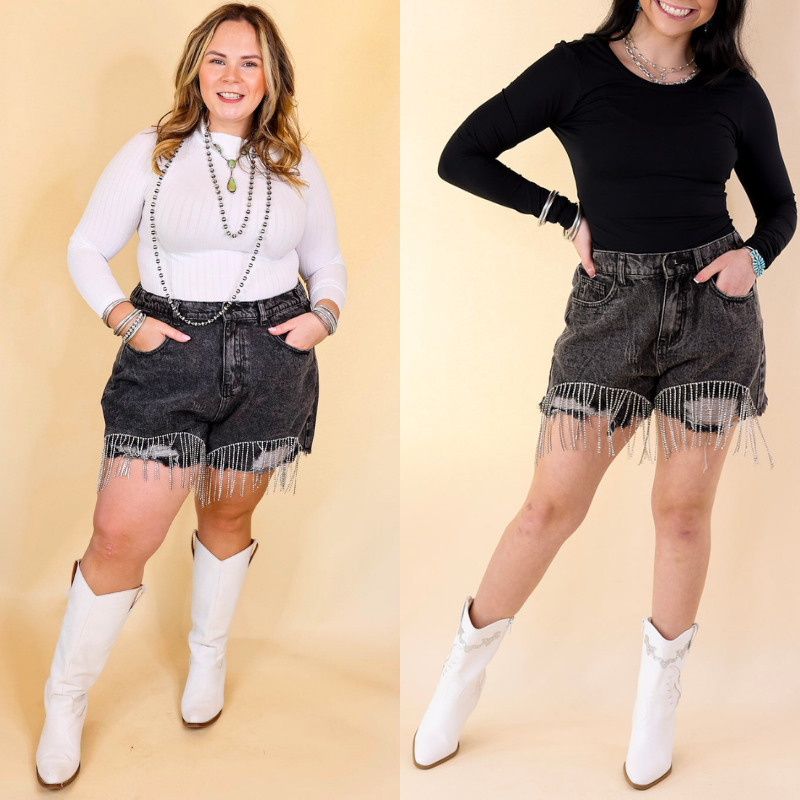 Saddle Up Crystal Fringe Distressed Denim Shorts in Black - Giddy Up Glamour Boutique
