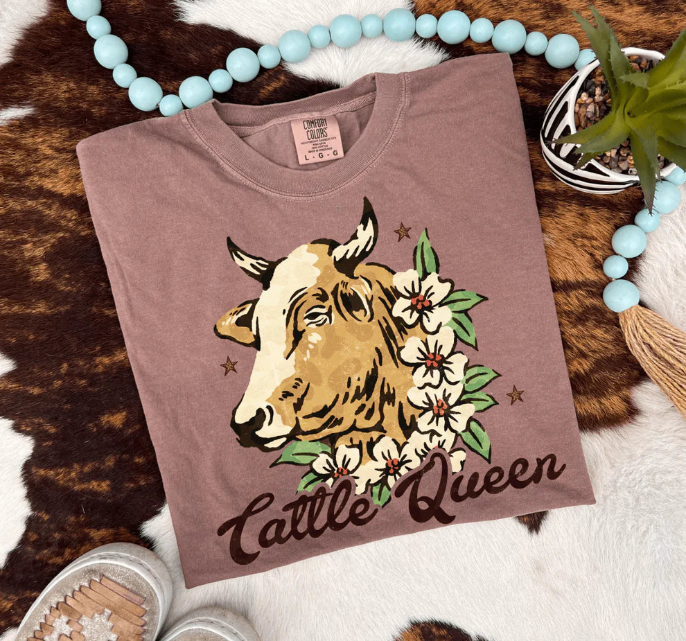 Online Exclusive | Cattle Queen Graphic on Comfort Color Short Sleeve Tee  in Espresso Brown, image size:990x925