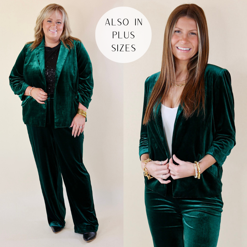 Models are wearing velvet green blazer with long sleeve. Size plus model has it paired with the match Chic Arrival pants, black booties, and gold BuDhaGirl jewelry.  Size small model has it paired with the matching Chic Arrival pants and gold Sorrelli jewelry. 