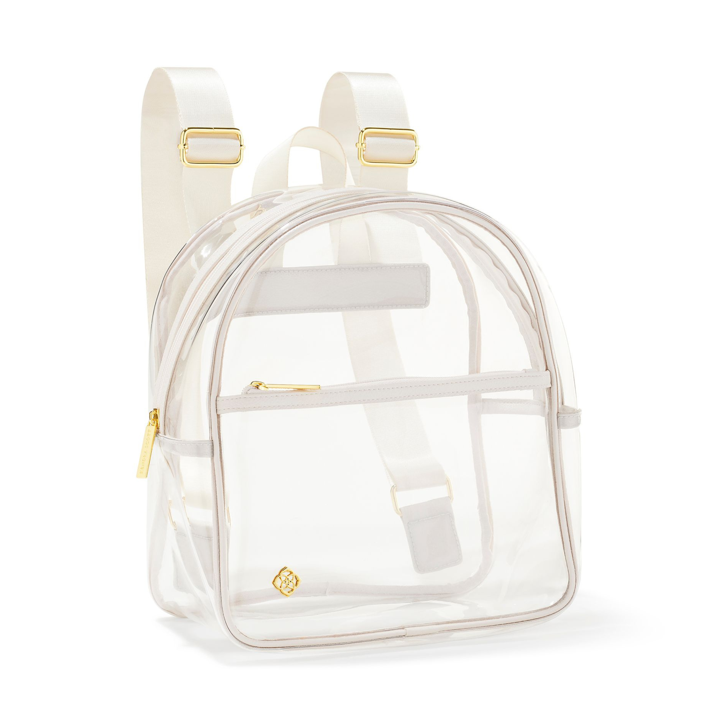 Pictured on a white background is a clear Kendra Scott clear backpack. 