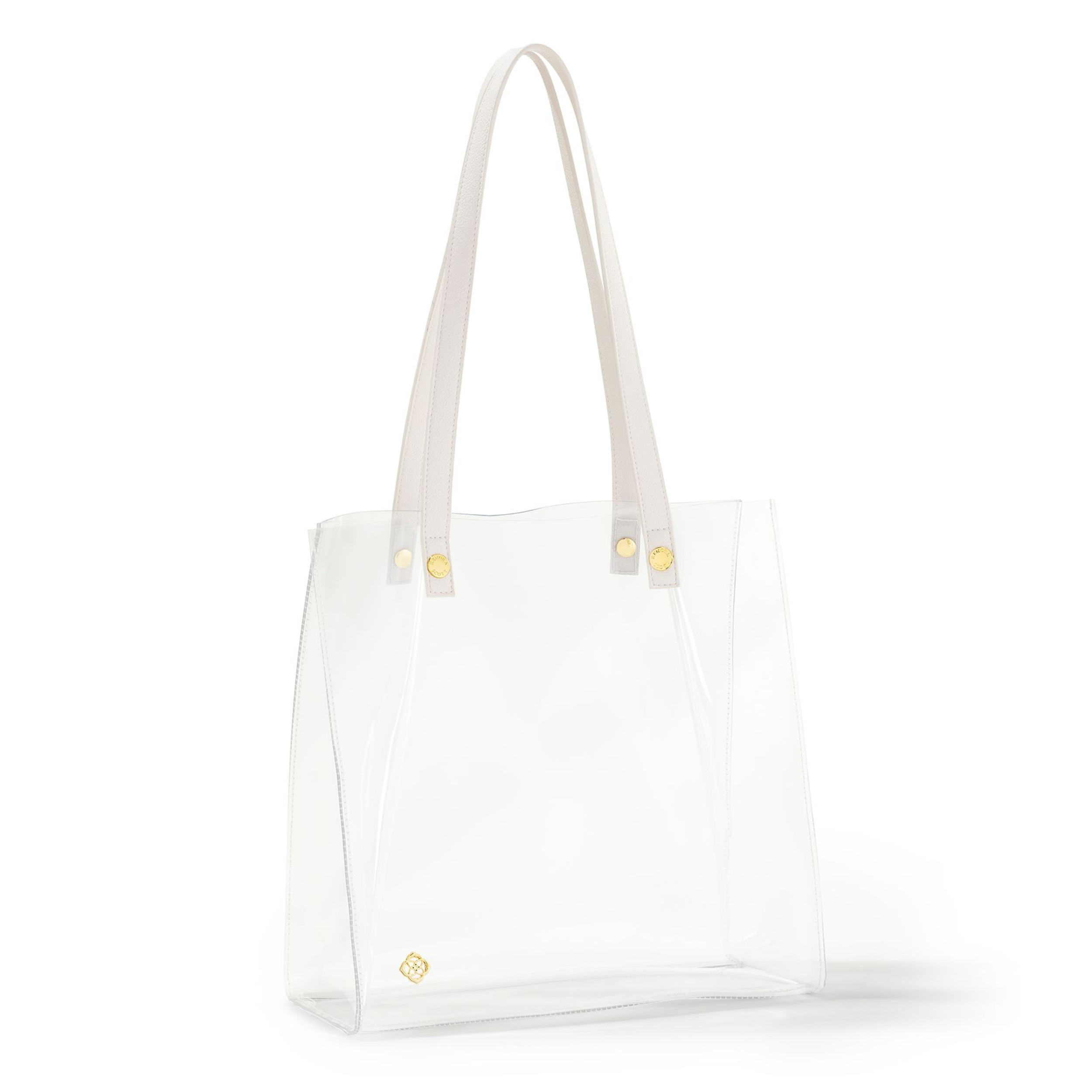 Pictured on a white background is a clear Kendra Scott clear tote. 