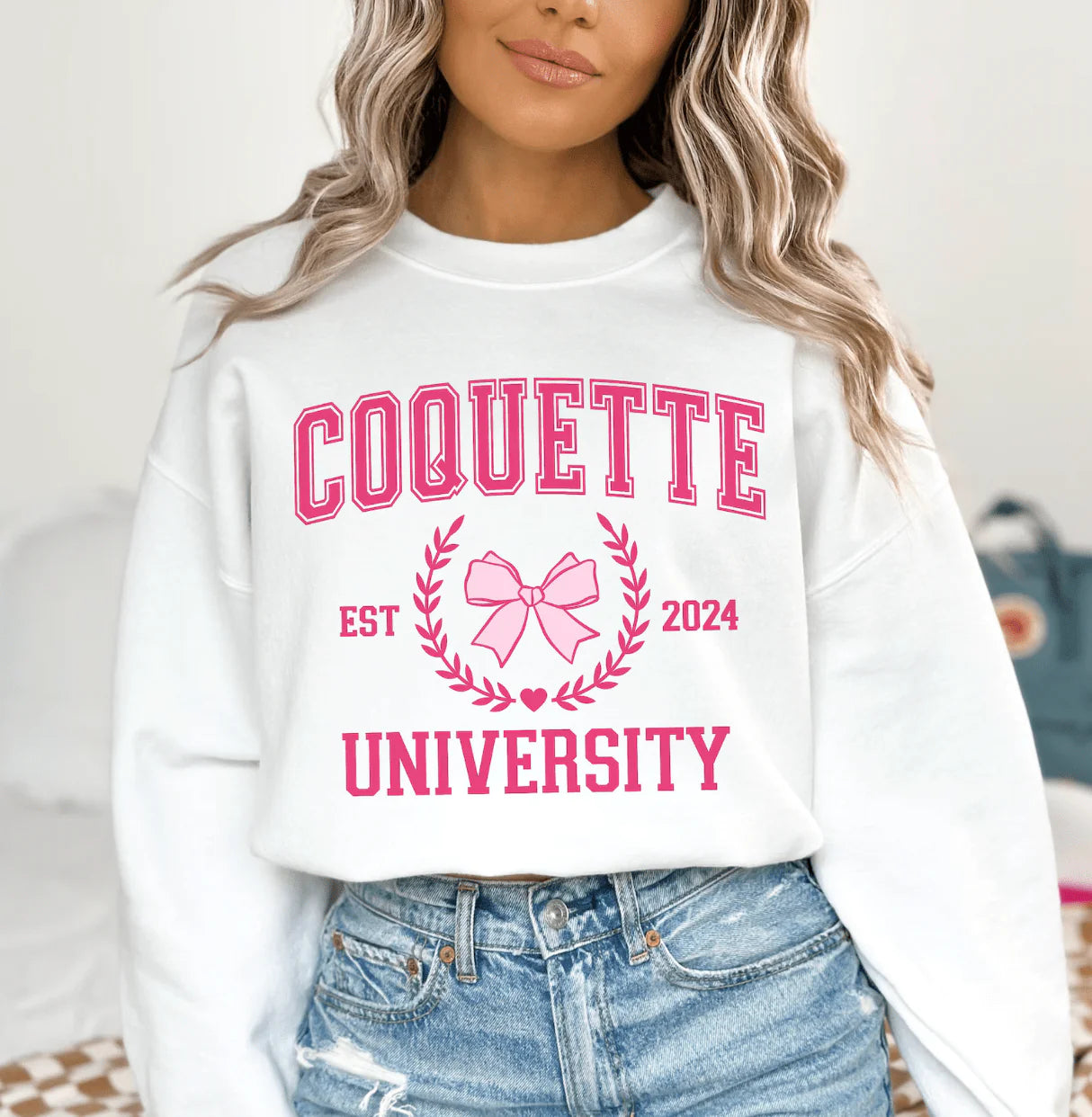Online Exclusive | Coquette University Long Sleeve Graphic Sweatshirt in White - Giddy Up Glamour Boutique