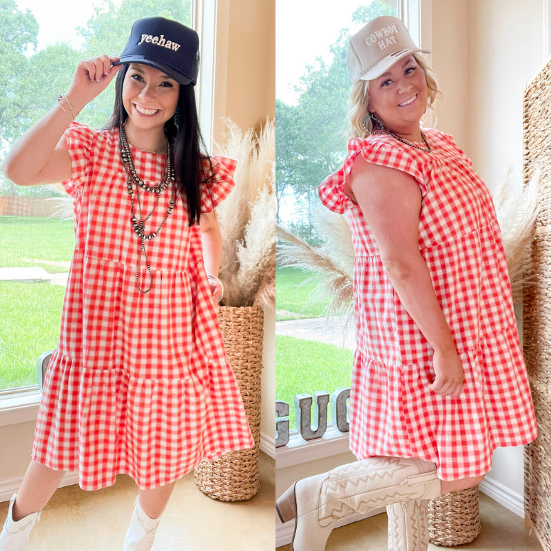 Sunny Pier Gingham Dress with Ruffle Cap Sleeves in Coral Red and White - Giddy Up Glamour Boutique